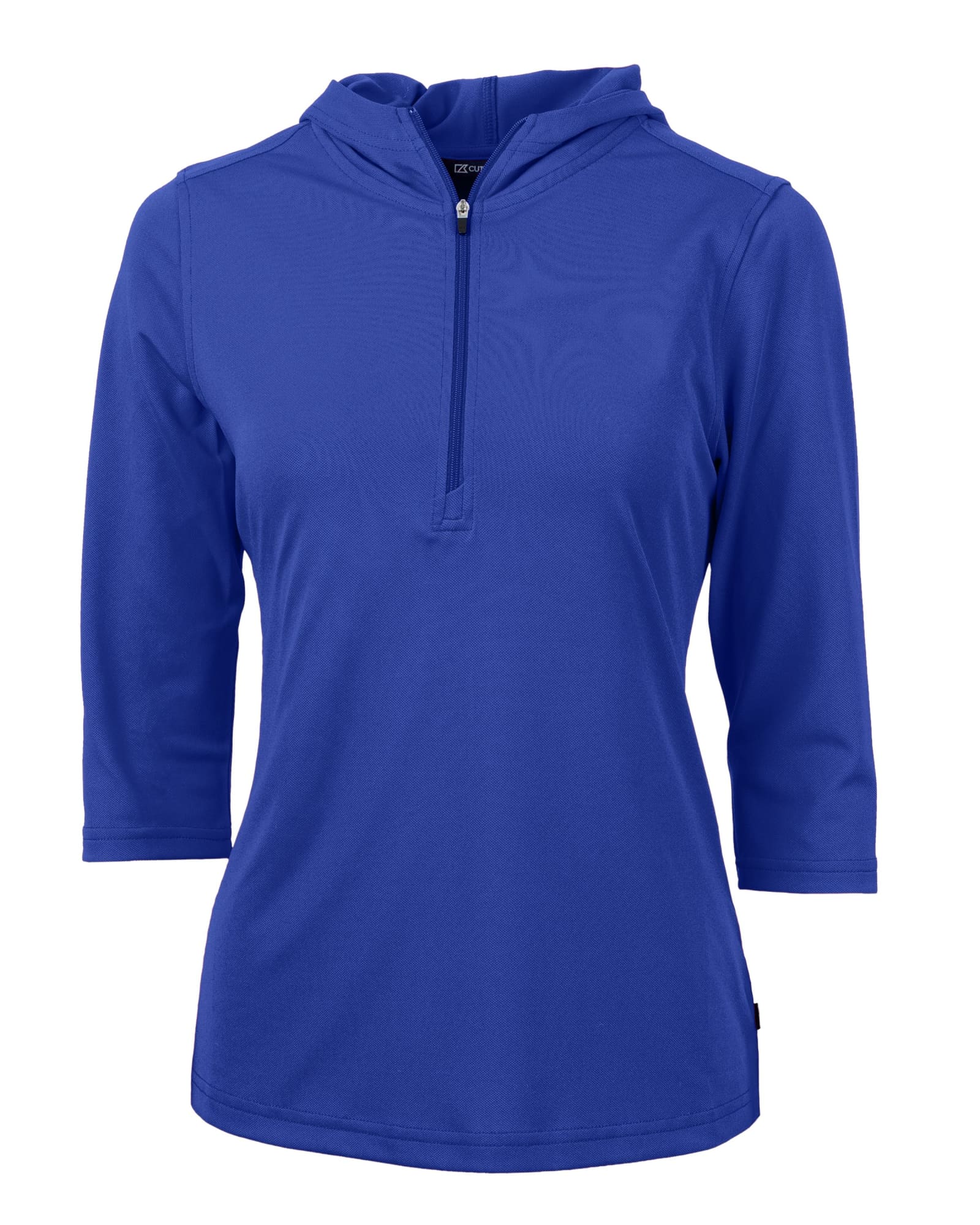 A blue half-zip jacket with a hood and three-quarter sleeves, featuring a logo.