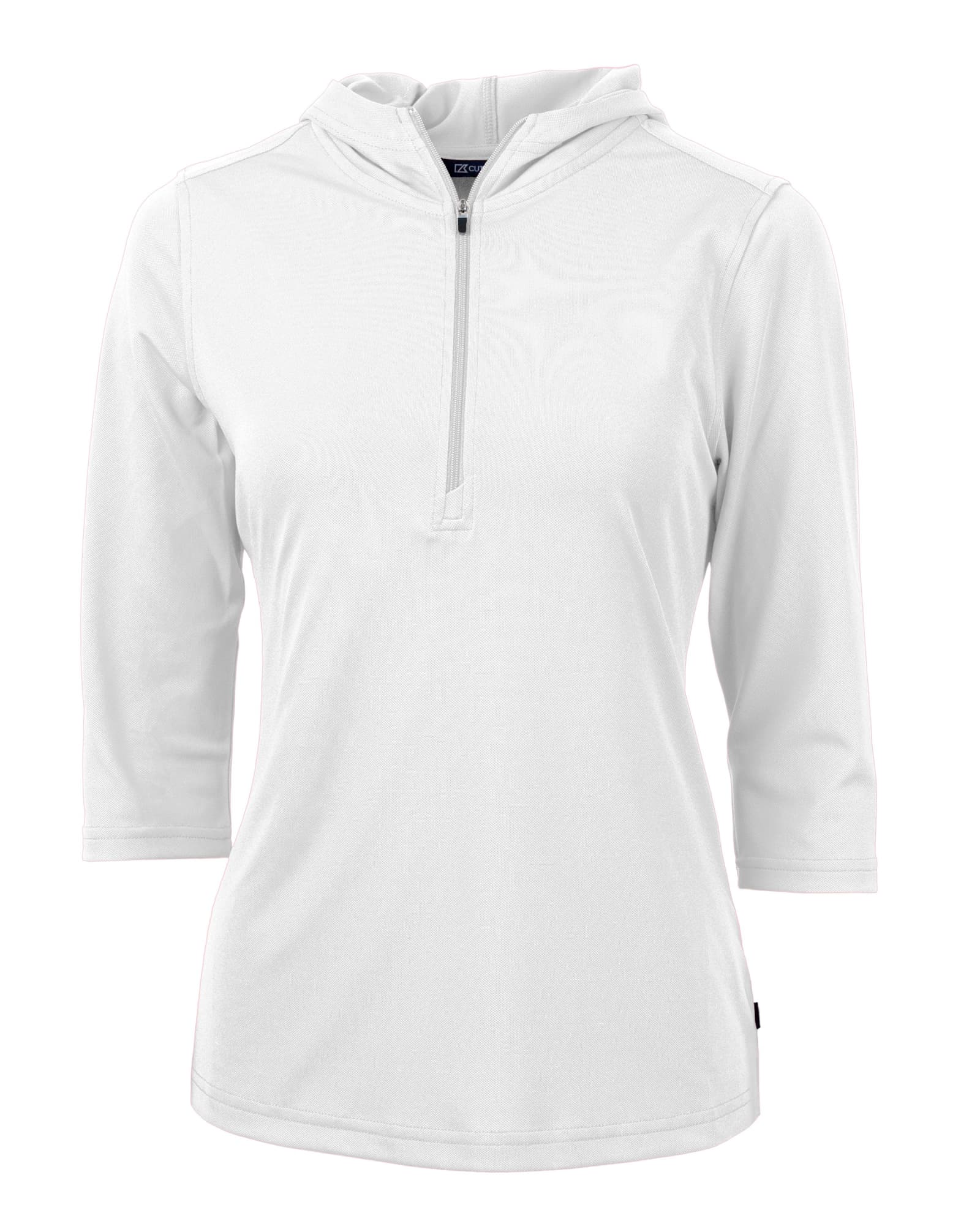 A half-zip jacket in white, featuring three-quarter sleeves and a hood, with a logo on the side.