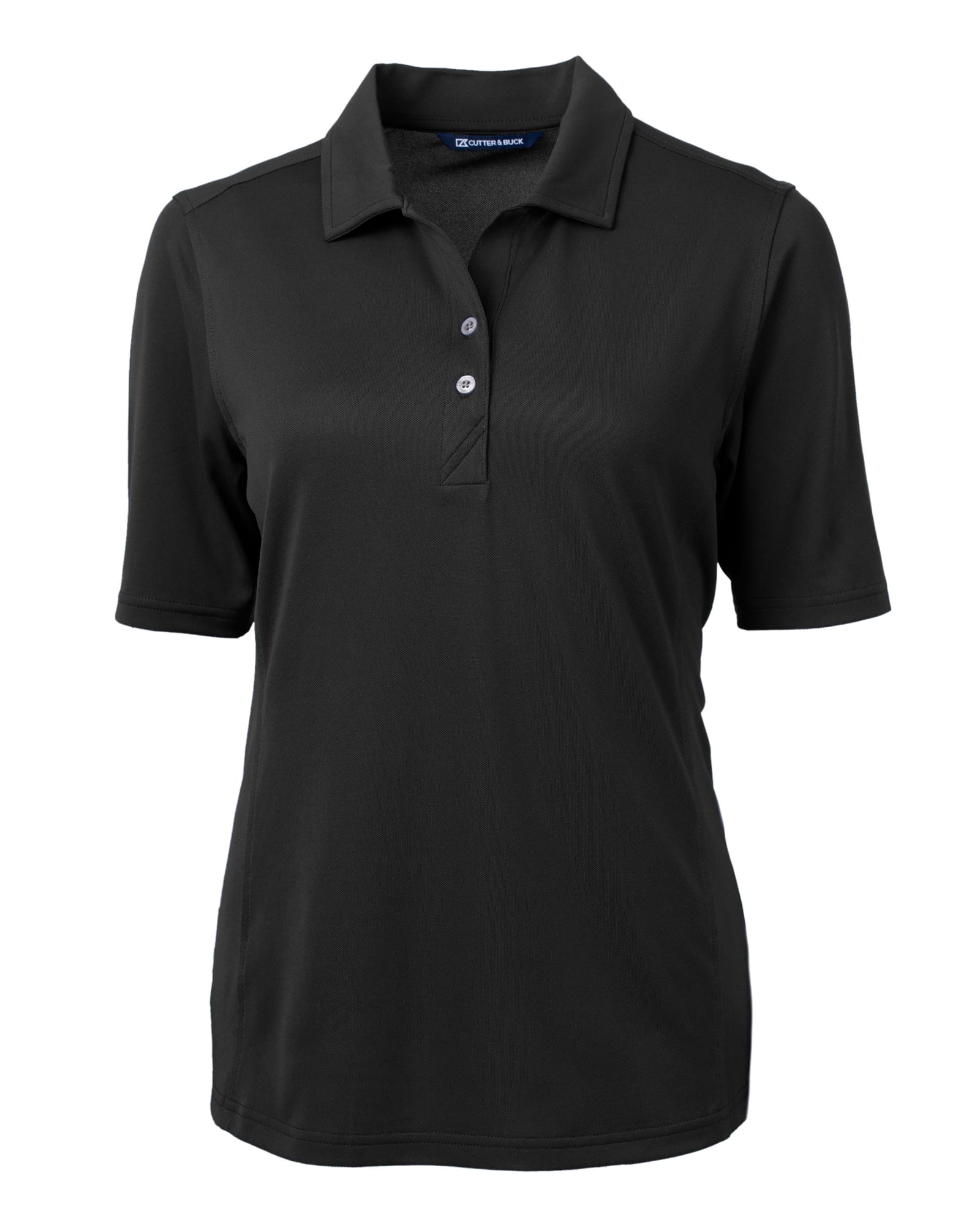 A black ladies' eco pique polo shirt with a collar and button placket, featuring a logo.