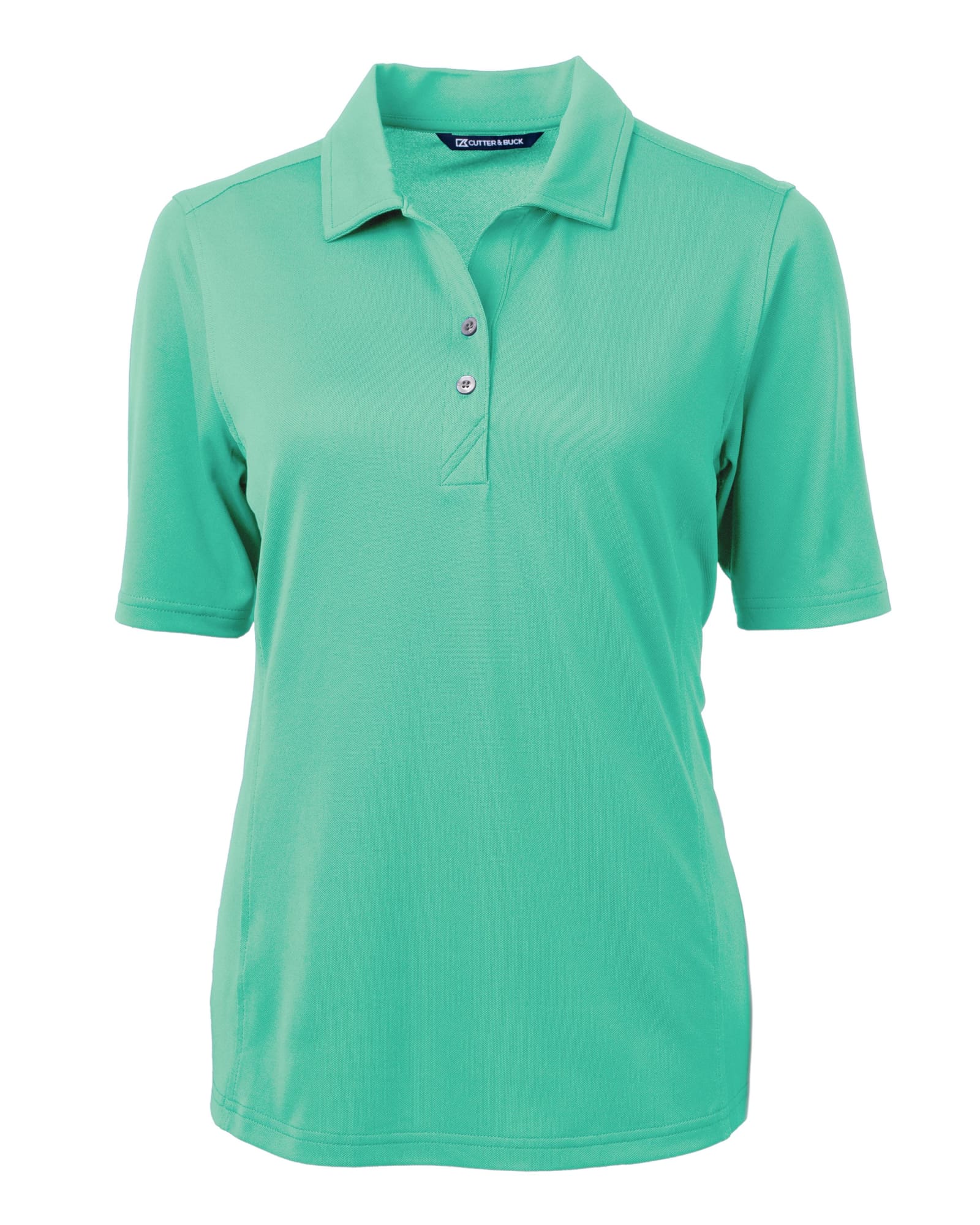 A mint green ladies' polo shirt featuring a collar and short sleeves, with a logo on the chest.