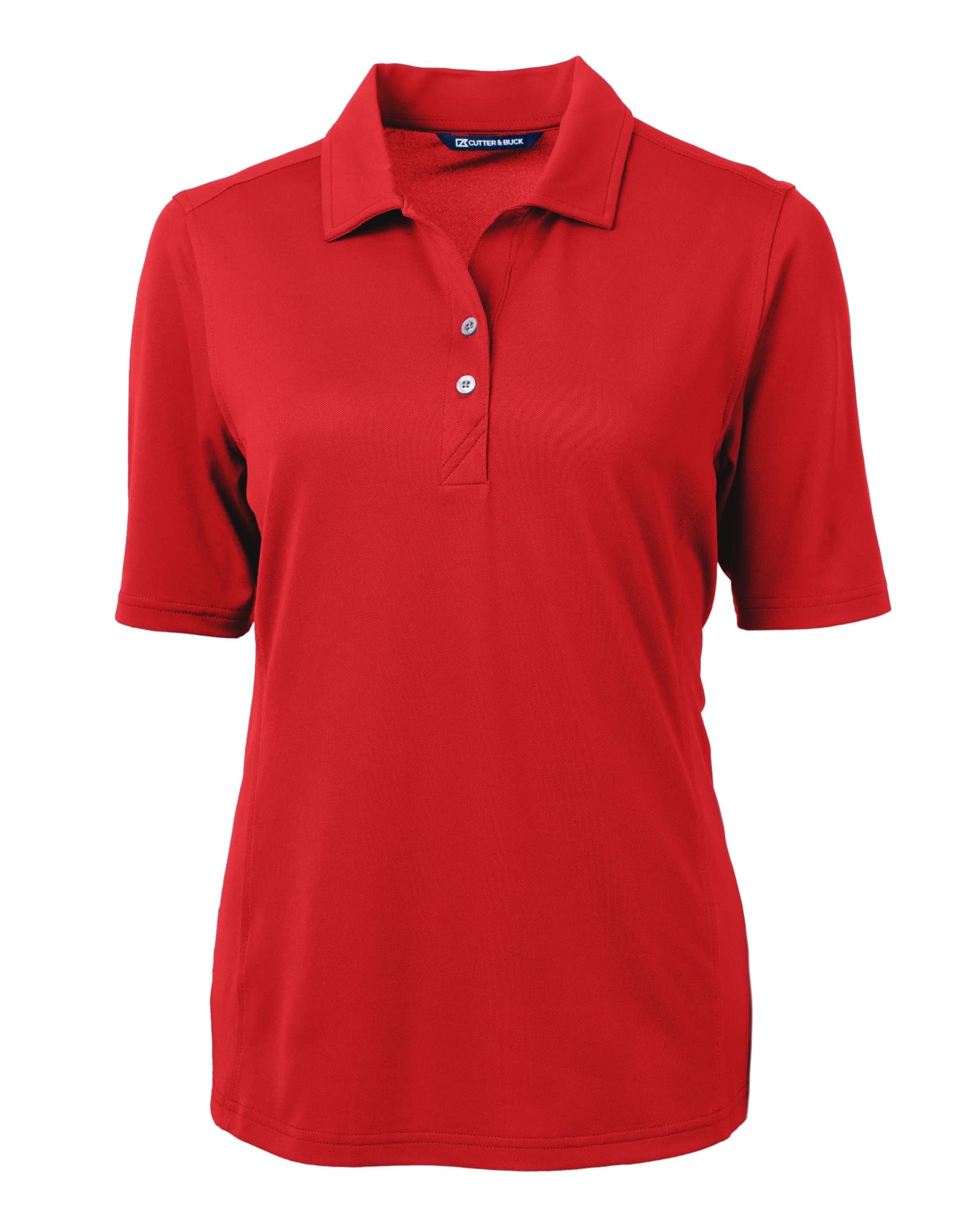A red ladies' polo shirt with short sleeves, a collar, and three buttons. It features a logo on the chest area.