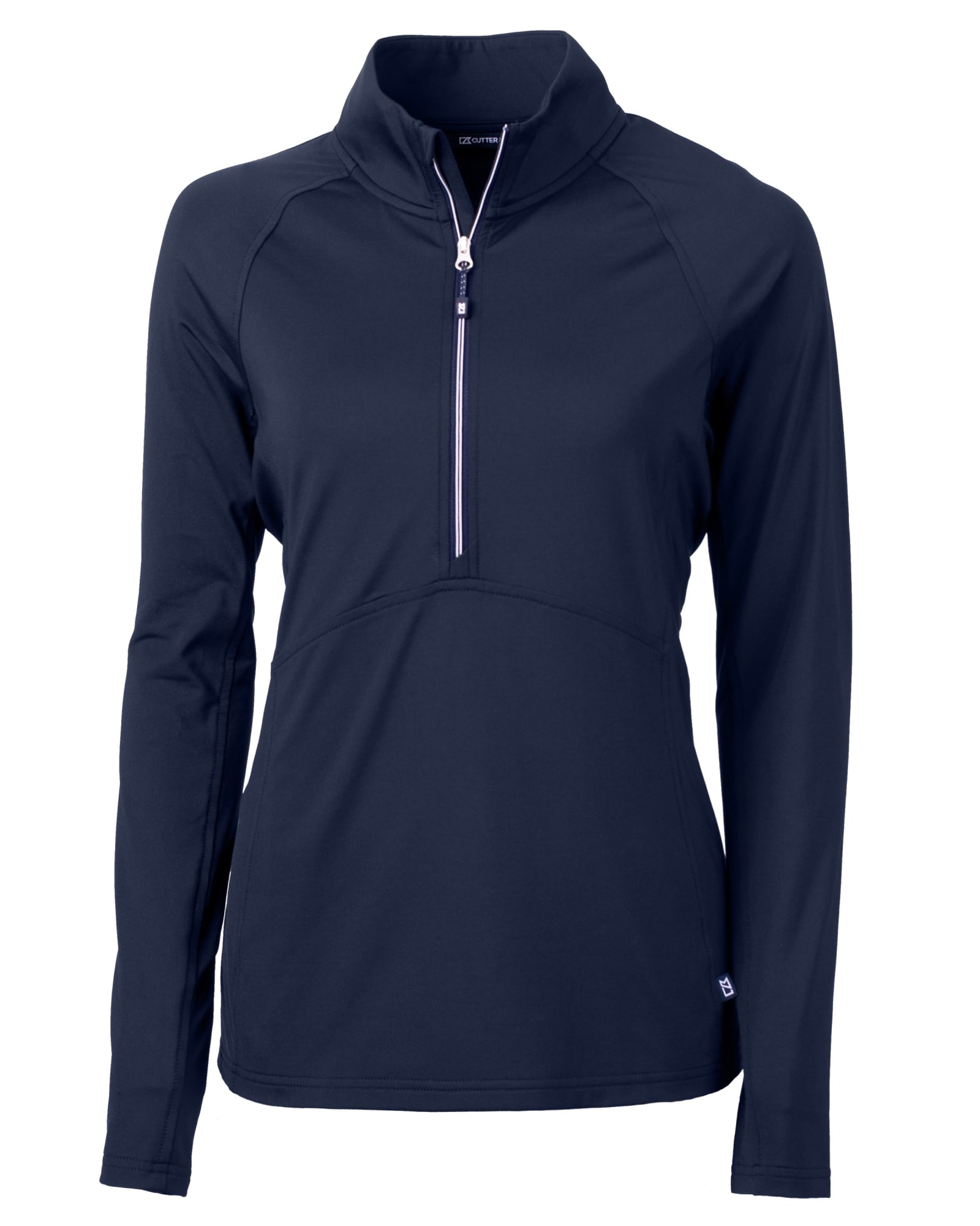 A navy half-zip jacket with long sleeves and a zippered collar. Features a small logo on the hem.