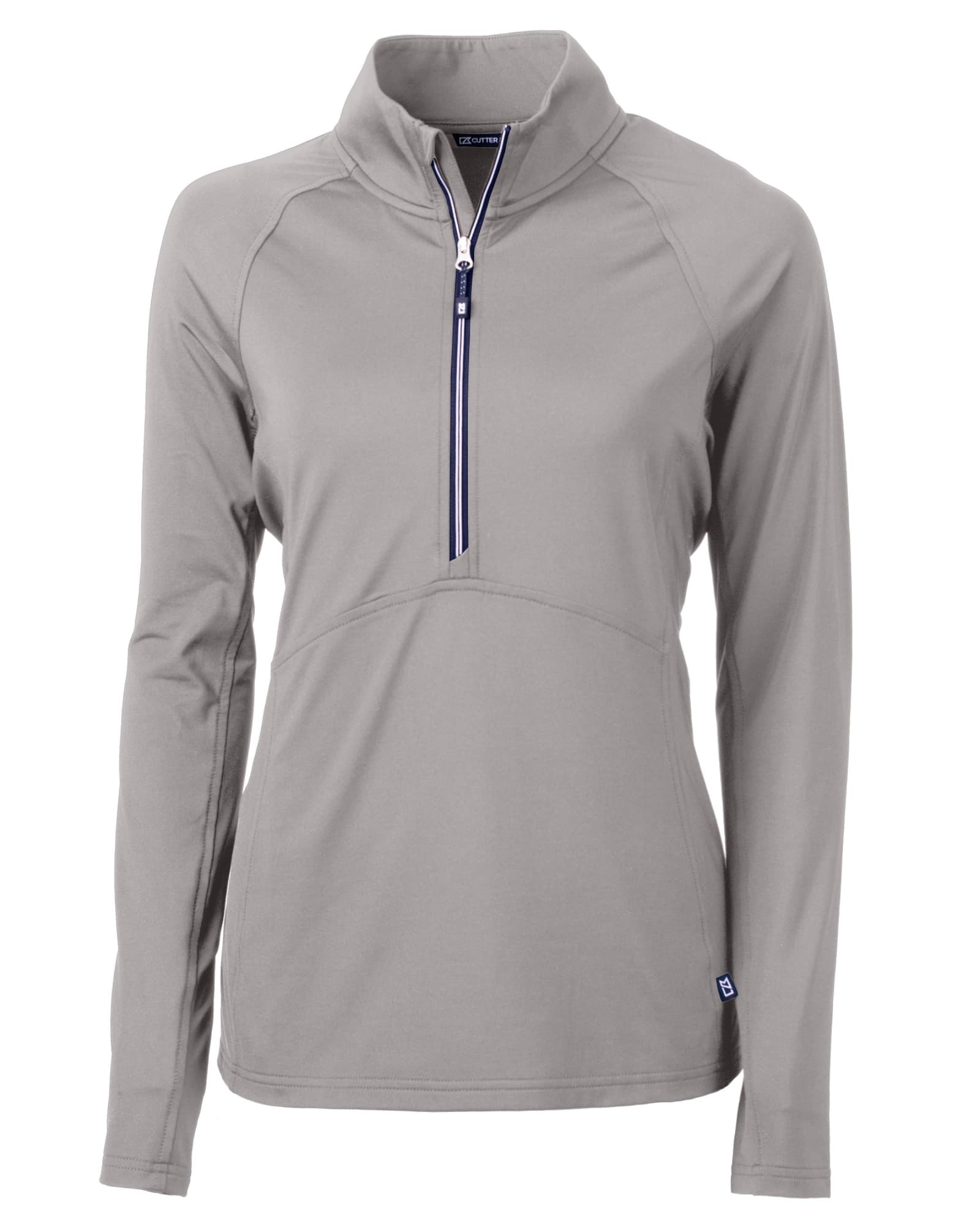 A grey ladies' half zip jacket featuring long sleeves and a branded logo.