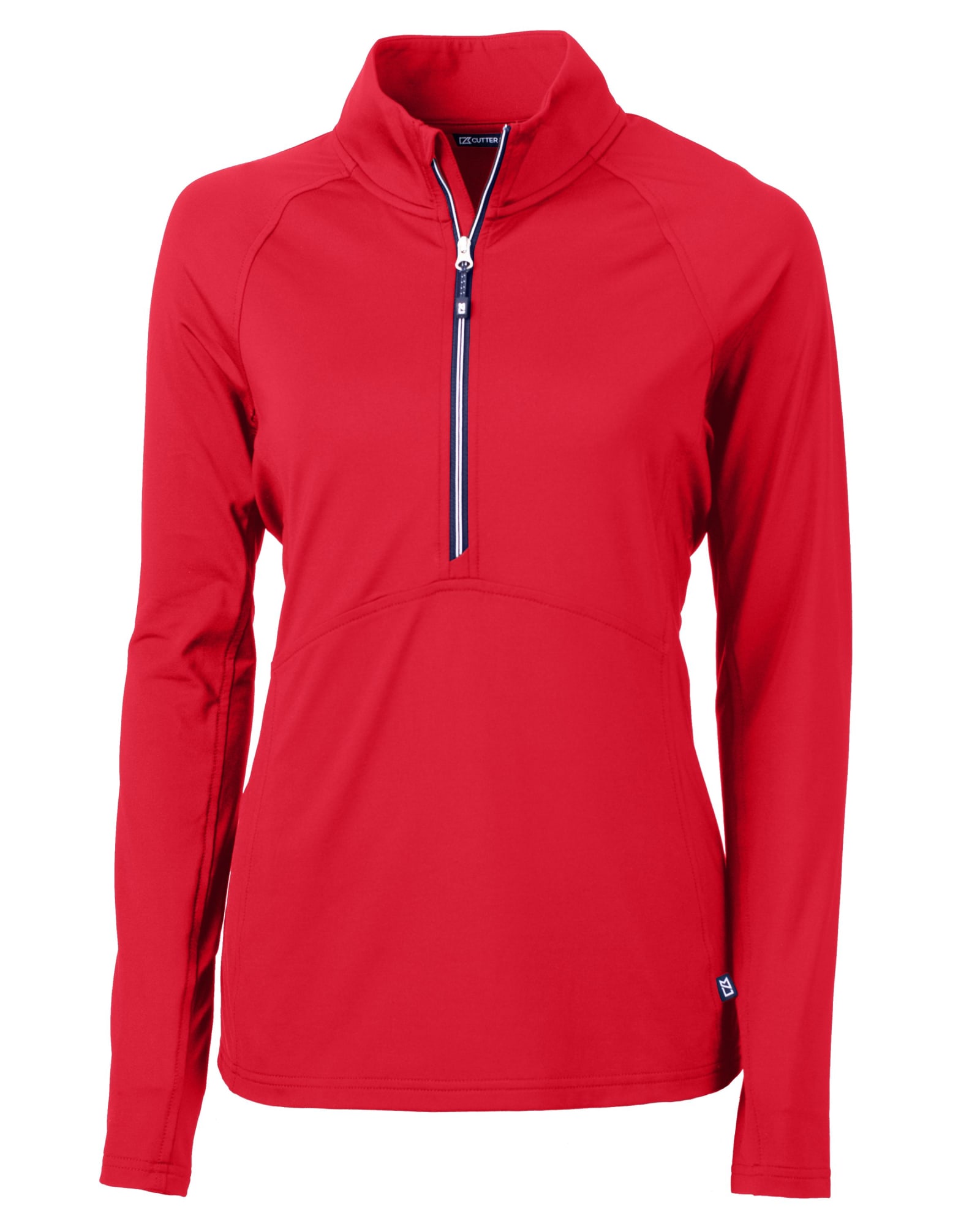 A red half-zip jacket for ladies with long sleeves and a front zip pocket, featuring a logo on the side.