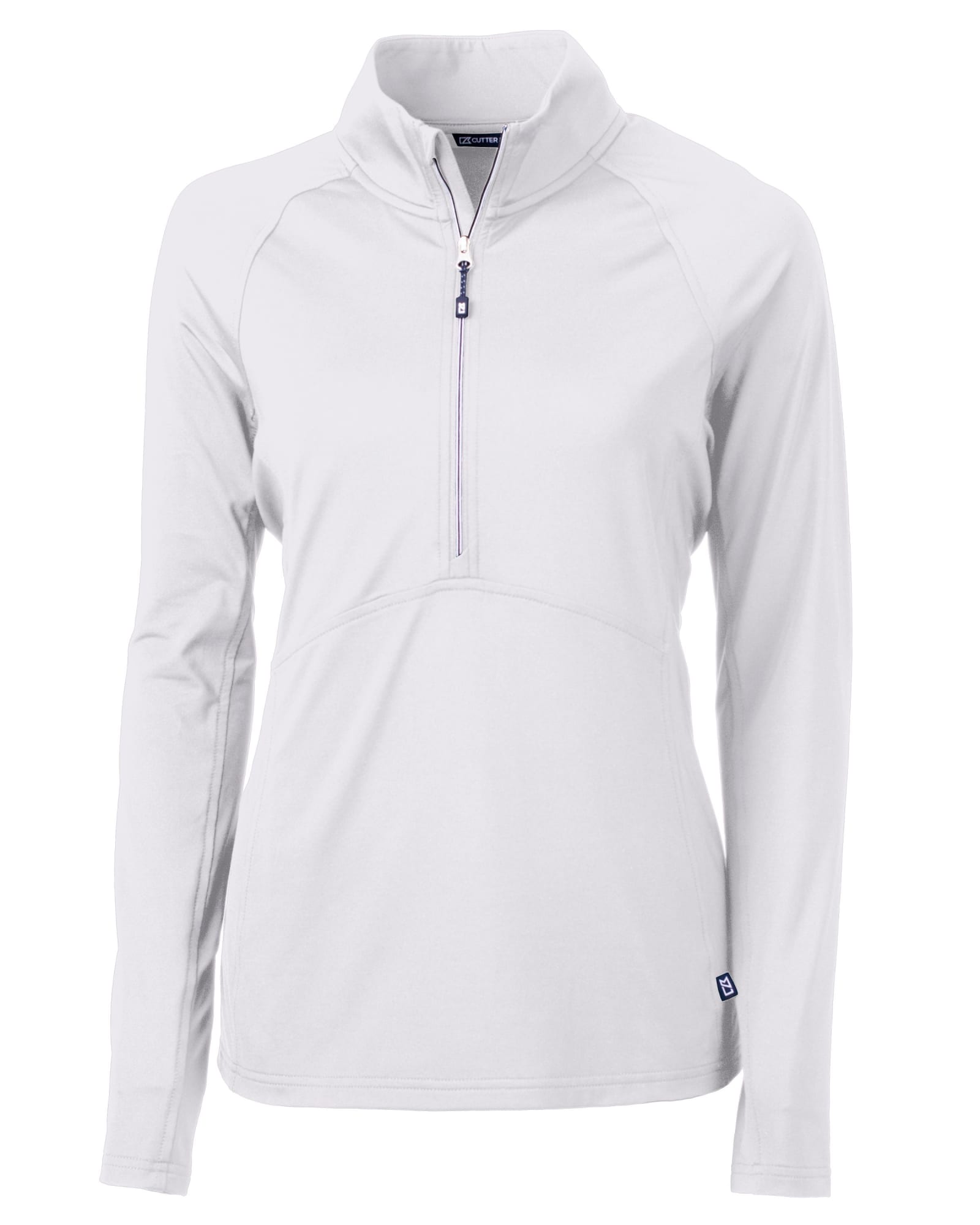 A light grey half-zip jacket with a fitted design and long sleeves, featuring a small logo.