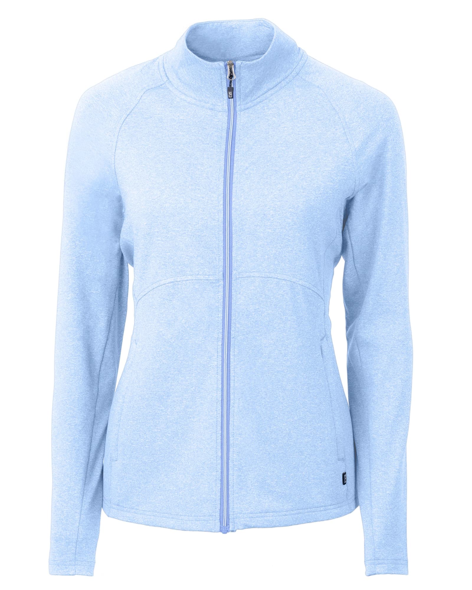 A light blue full zip jacket with a fitted design and a smooth fabric texture. It features a logo on the side.