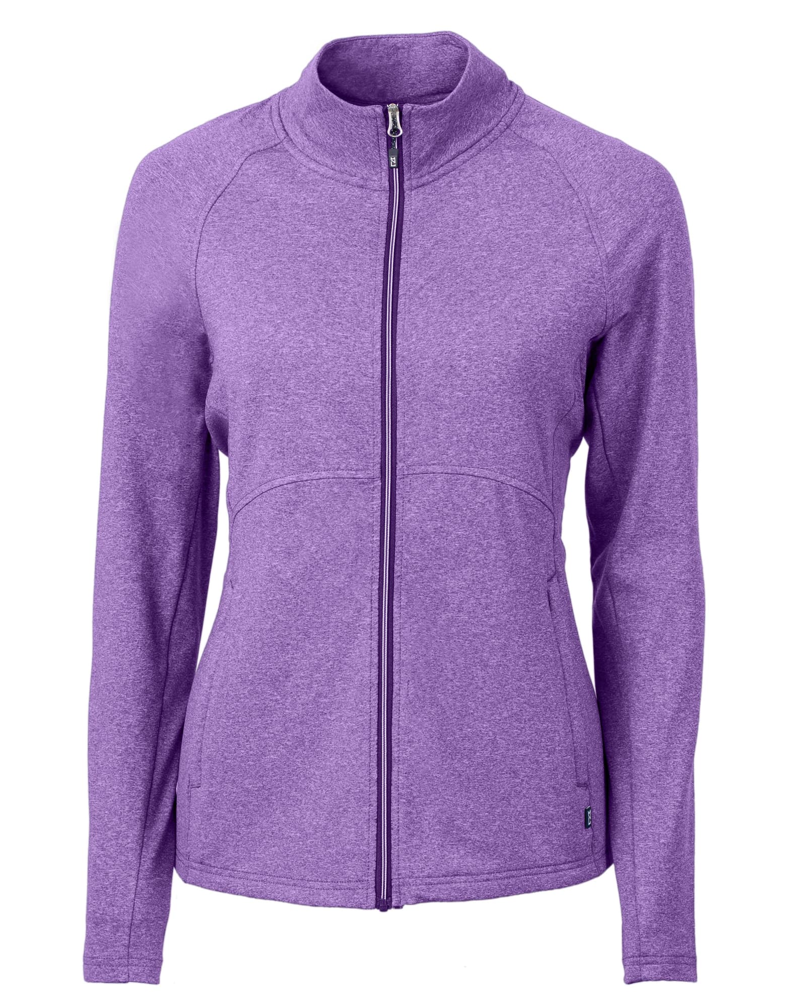 A purple full zip jacket designed for women, featuring a slim fit and a logo on the sleeve.