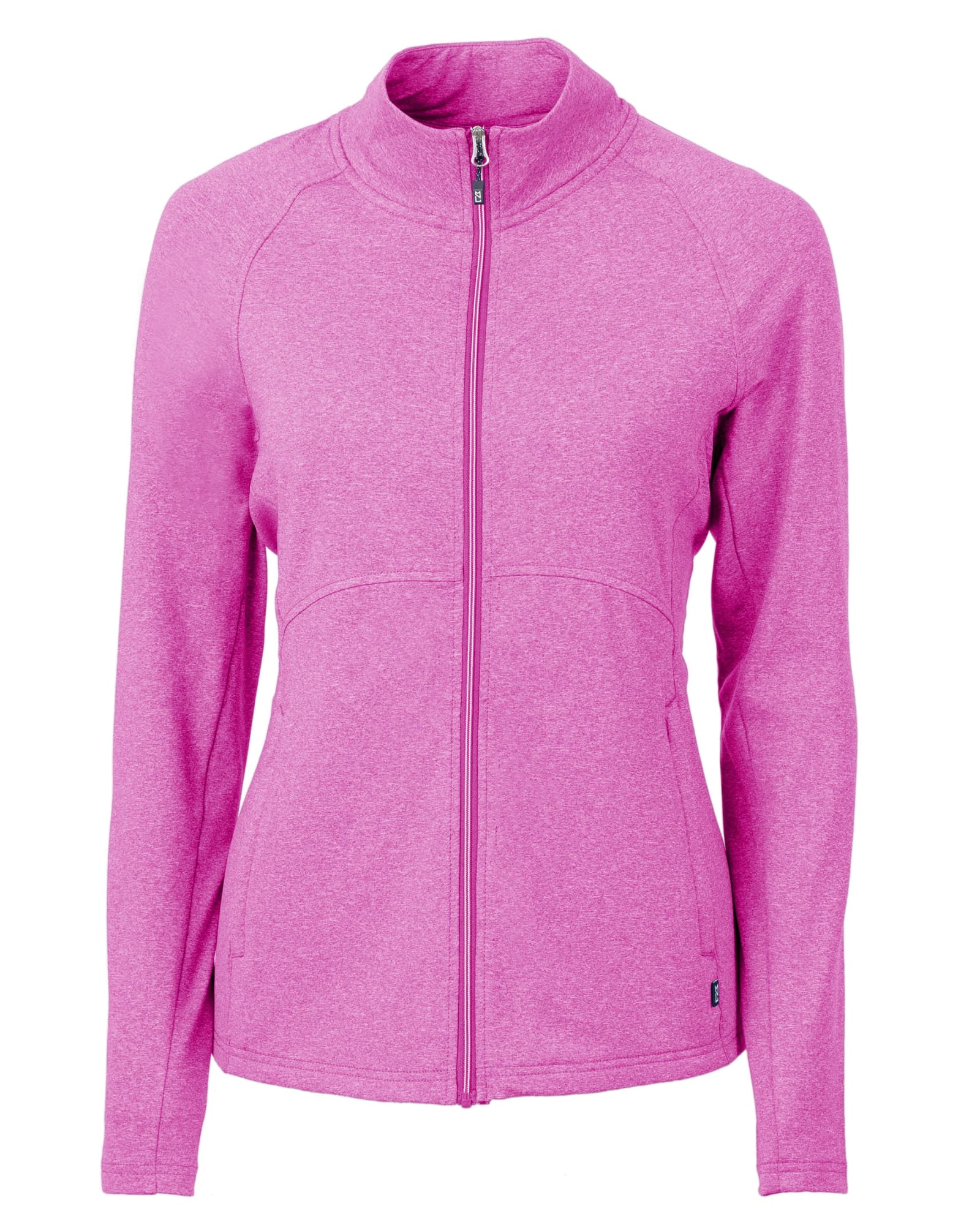 A pink full zip jacket with long sleeves and a zippered front, featuring a logo on the side.