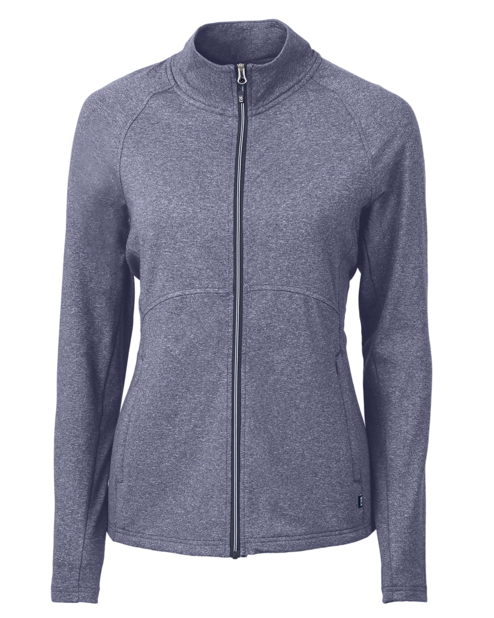 A grey full zip jacket with a high collar and a fitted design, featuring a logo on the side.