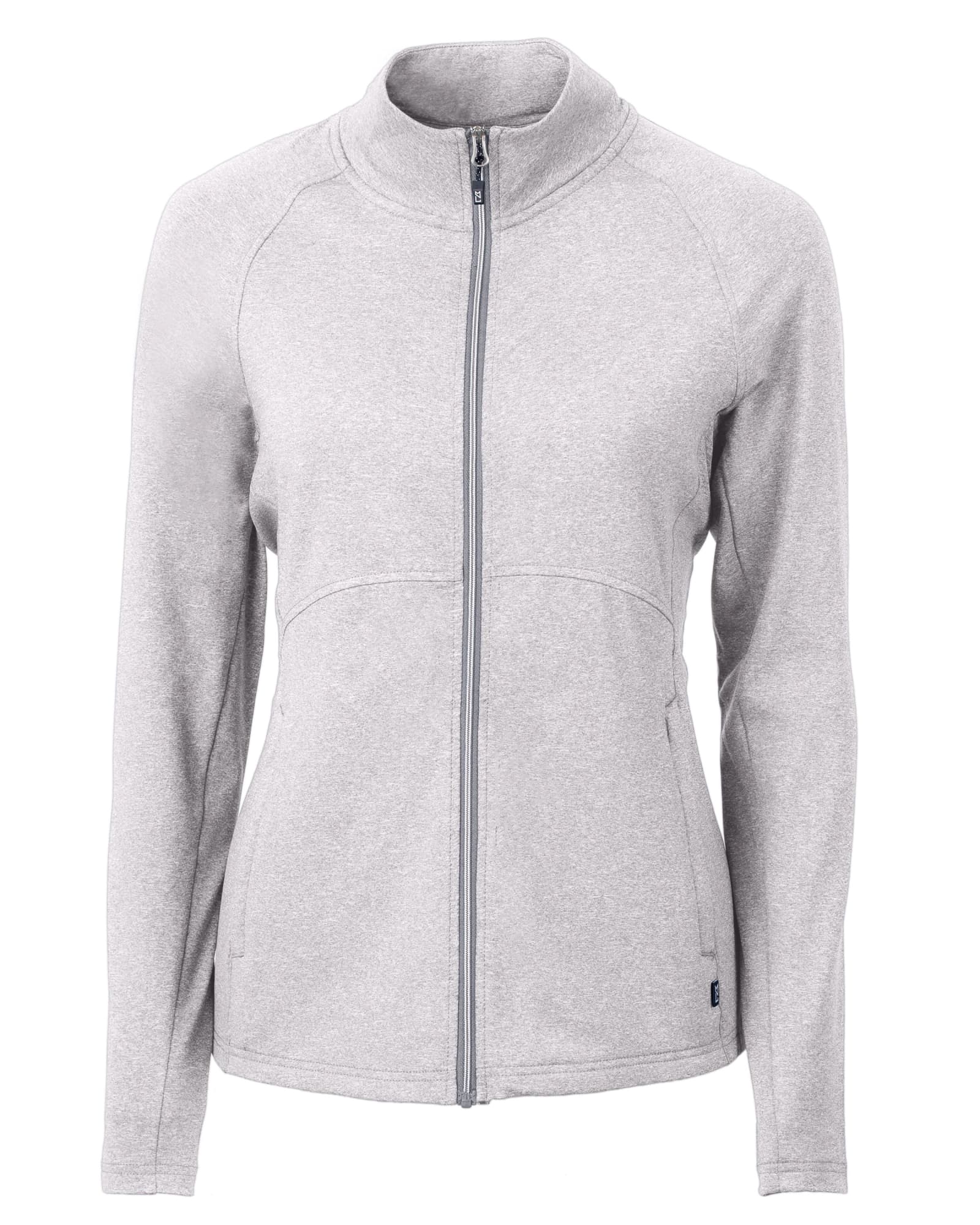 A light grey full zip jacket with long sleeves, featuring a fitted design and a logo on the front.