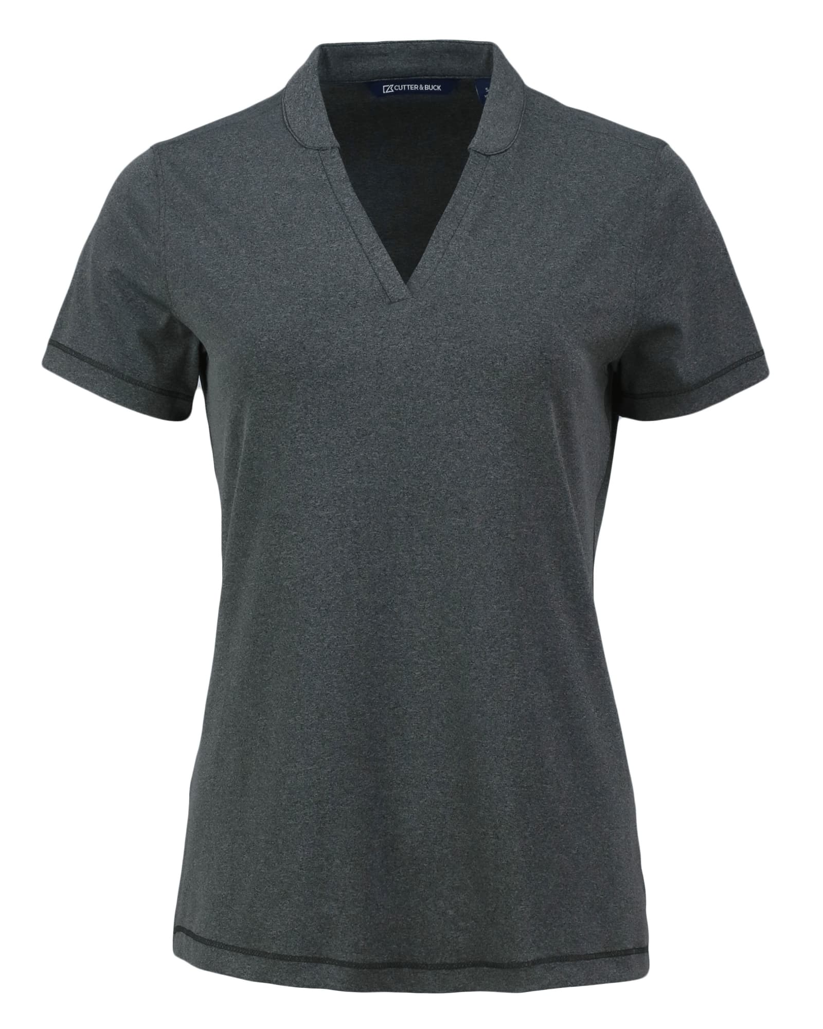 A grey polo shirt with a V-neck and short sleeves, featuring a logo on the front.