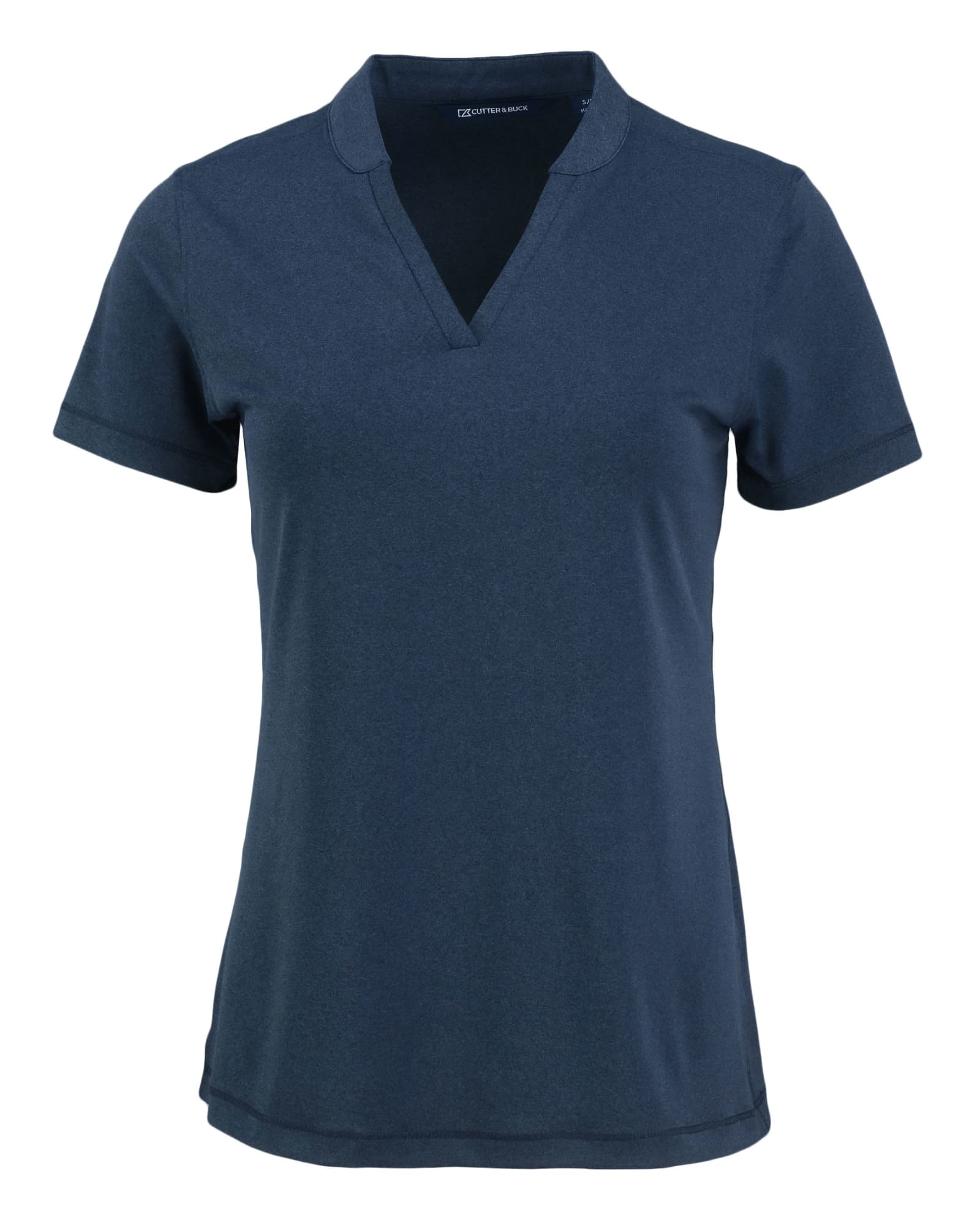 A navy blue polo shirt with a v-neck and short sleeves, featuring a logo on the front.