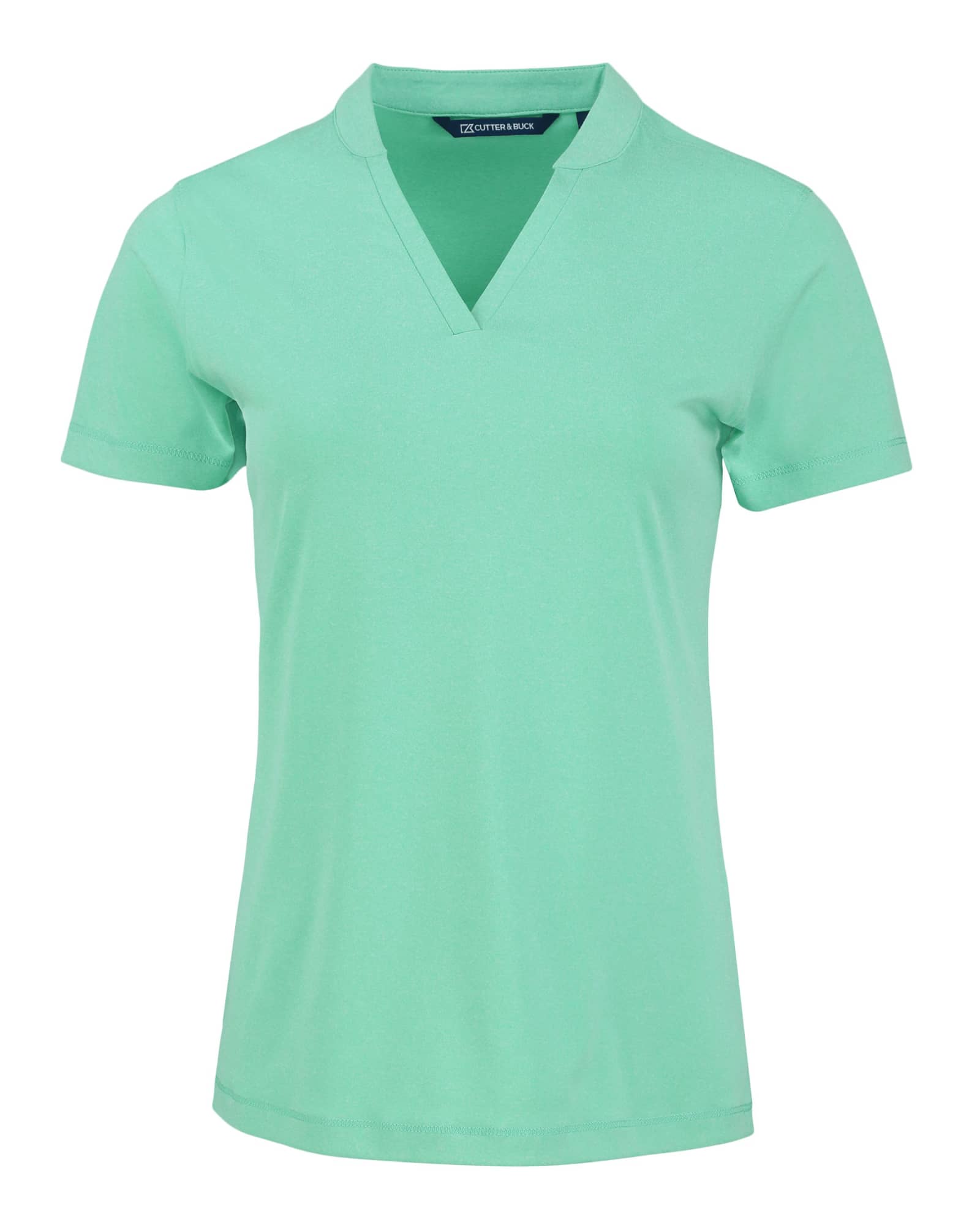 A mint green women's polo shirt with a v-neck design and a logo on the chest.