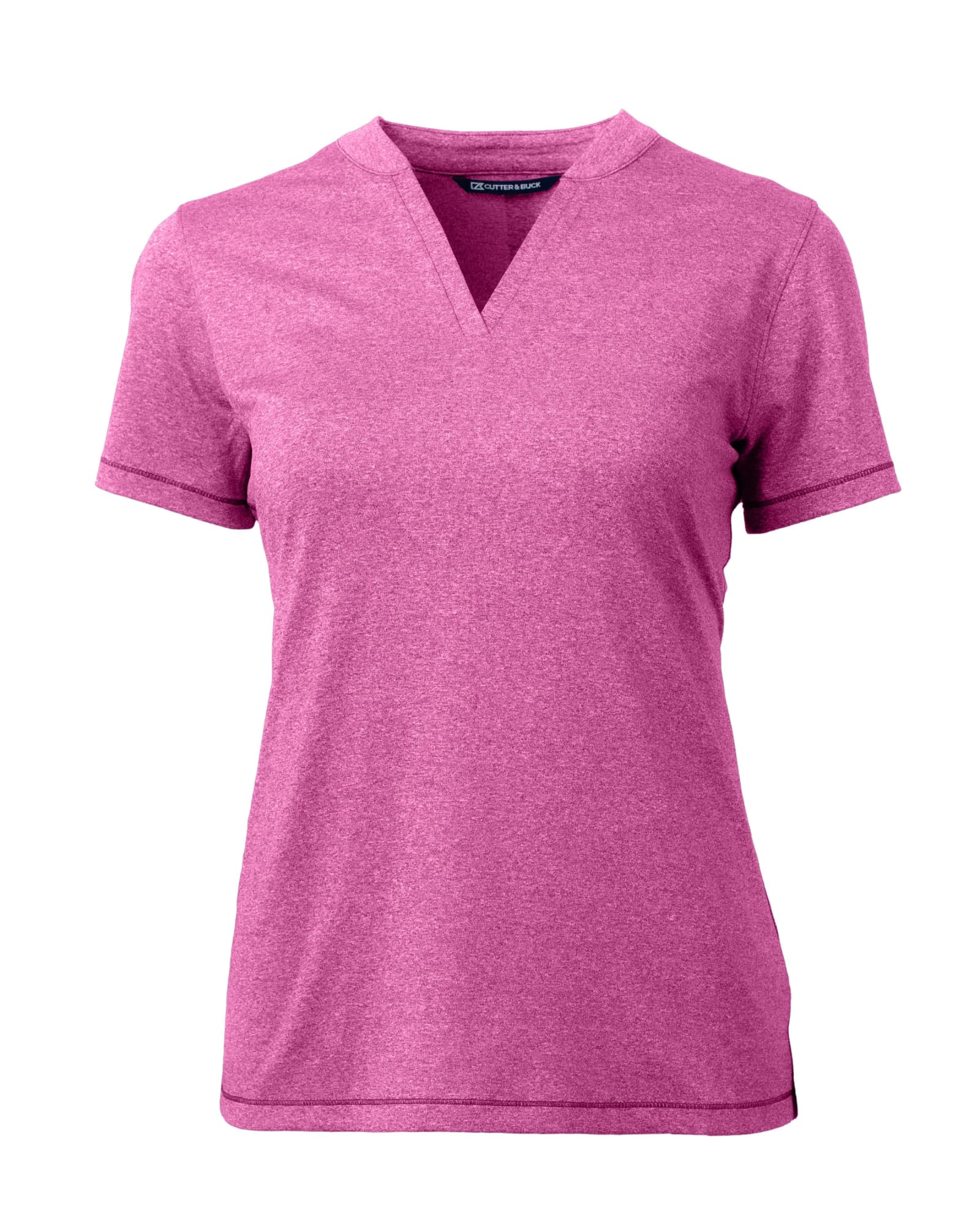 A pink heather polo shirt featuring a v-neck and short sleeves, with a logo on the chest.