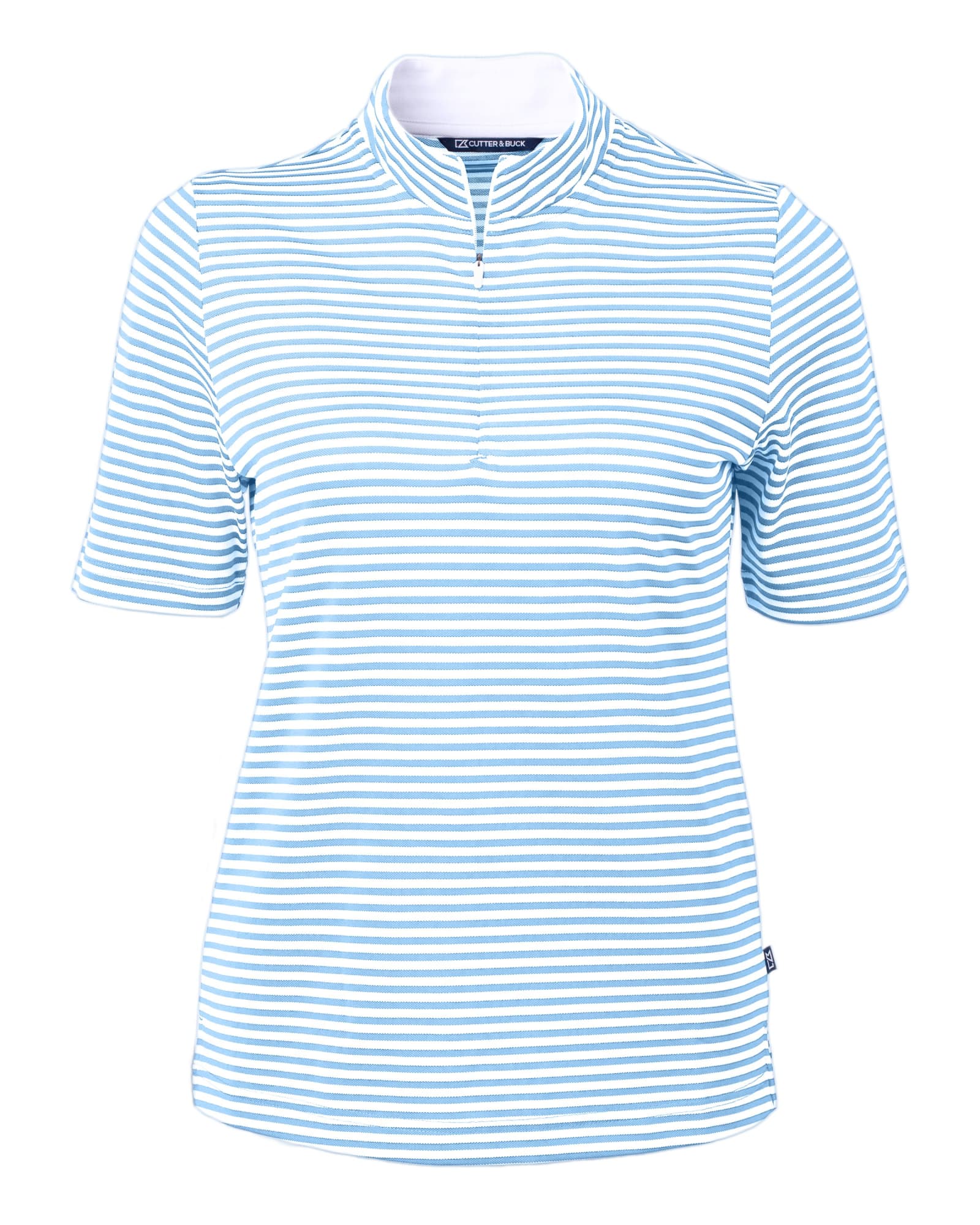 A light blue and white striped polo shirt with a short zip and a logo on the collar.