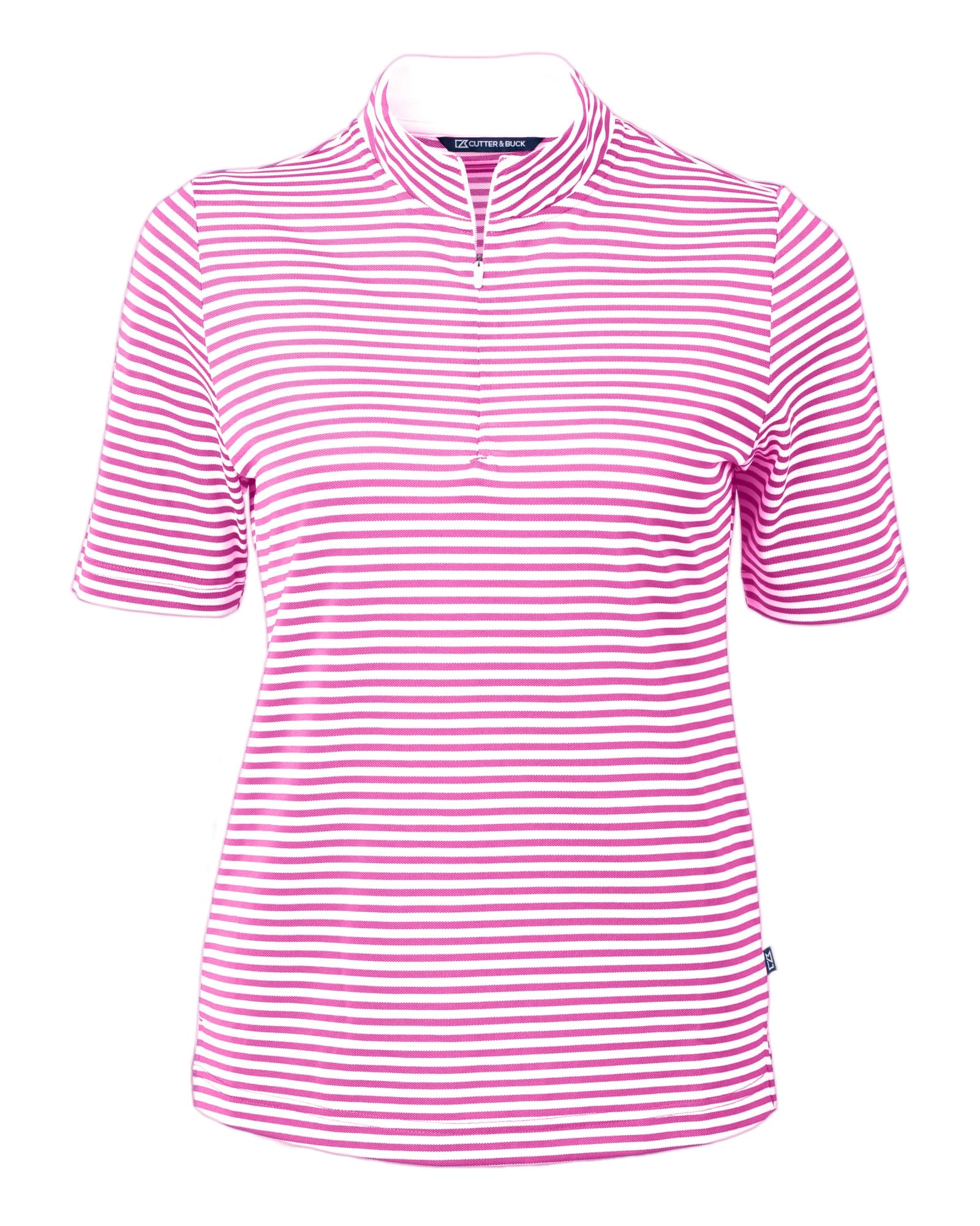 A pink and white striped polo shirt with short sleeves and a zip collar. It features a small brand logo.