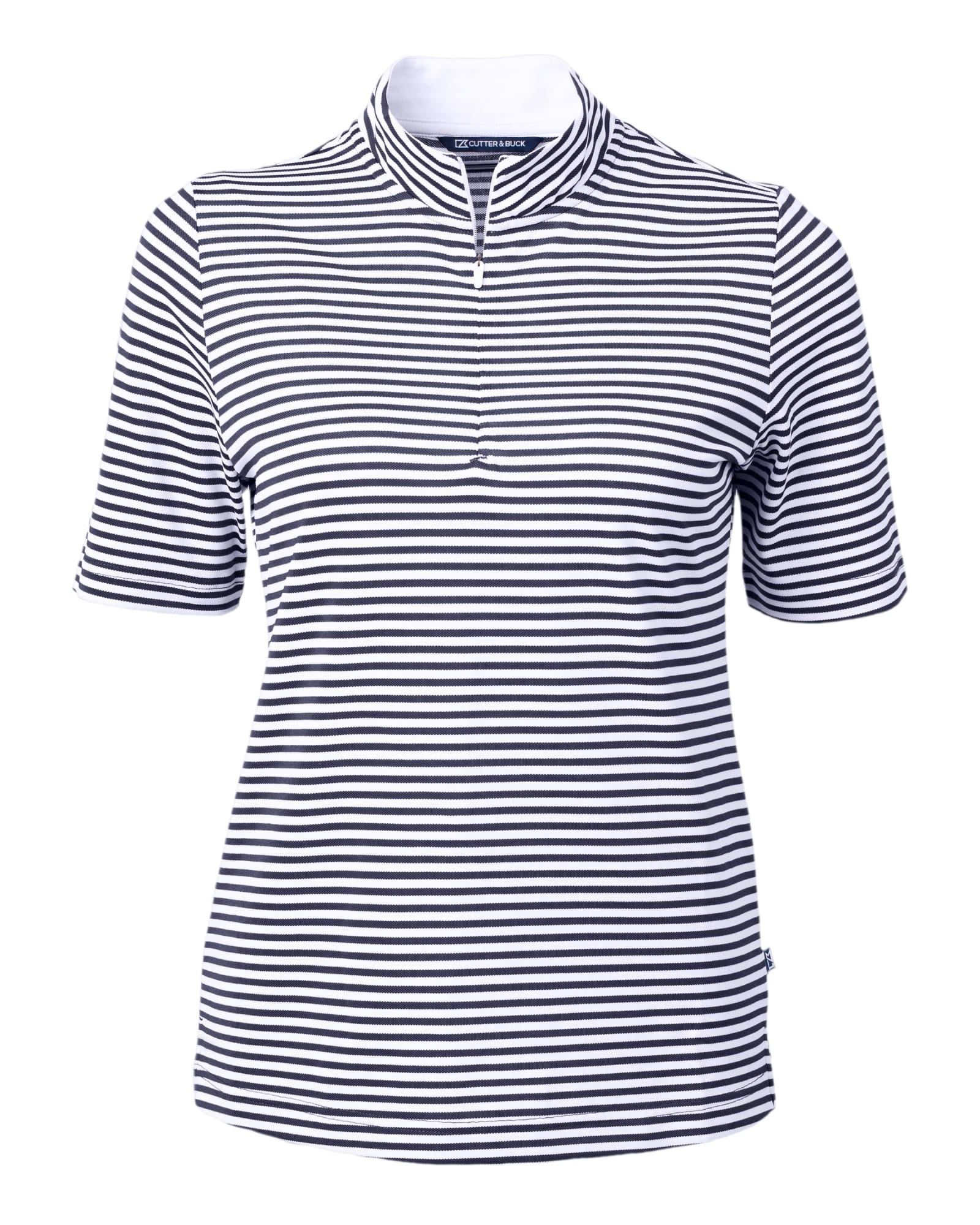 A striped polo shirt in black and white with a zip neckline and short sleeves. Features a logo.
