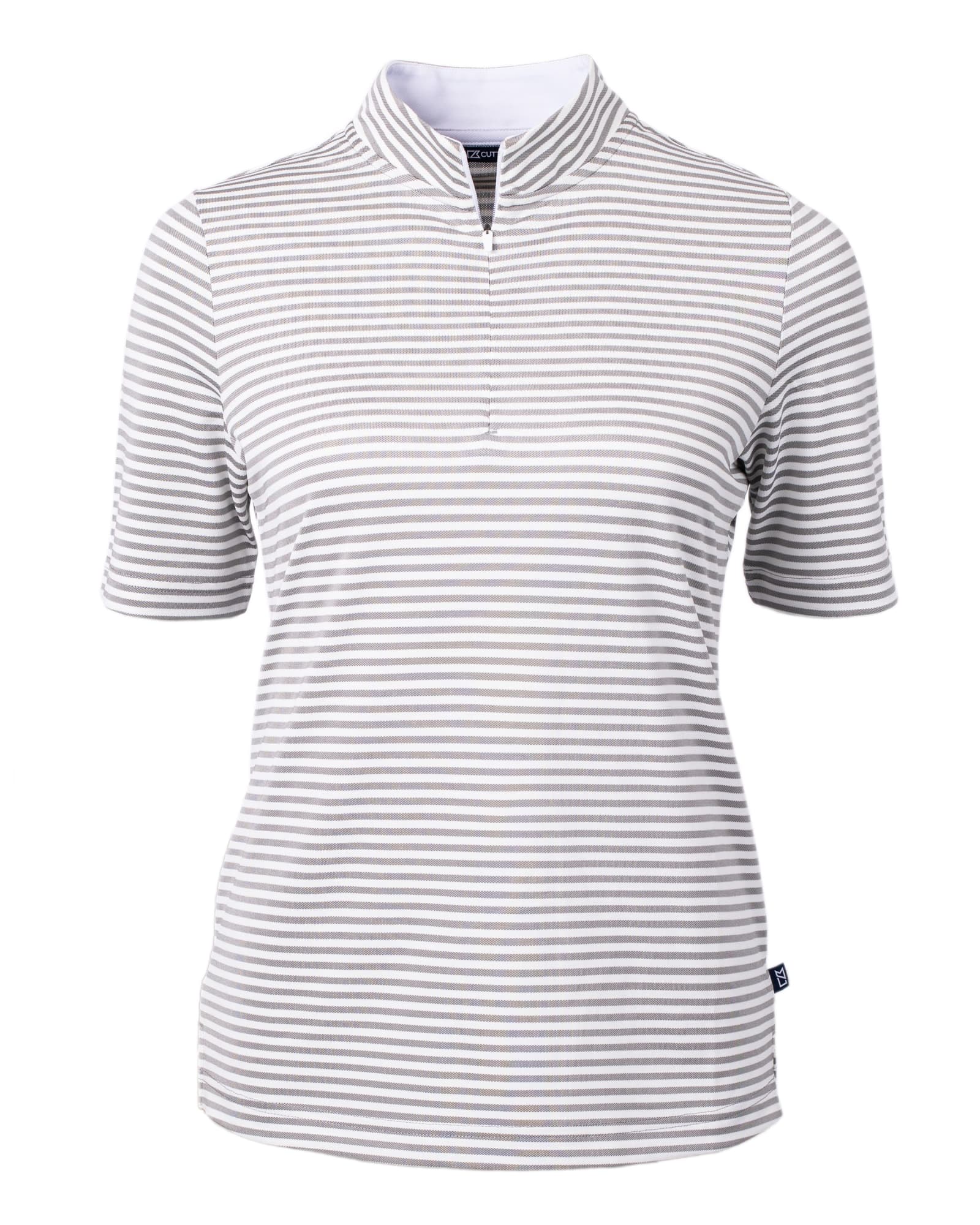A striped polo shirt in light grey and white, featuring a zip collar and short sleeves. It has a logo on the side.