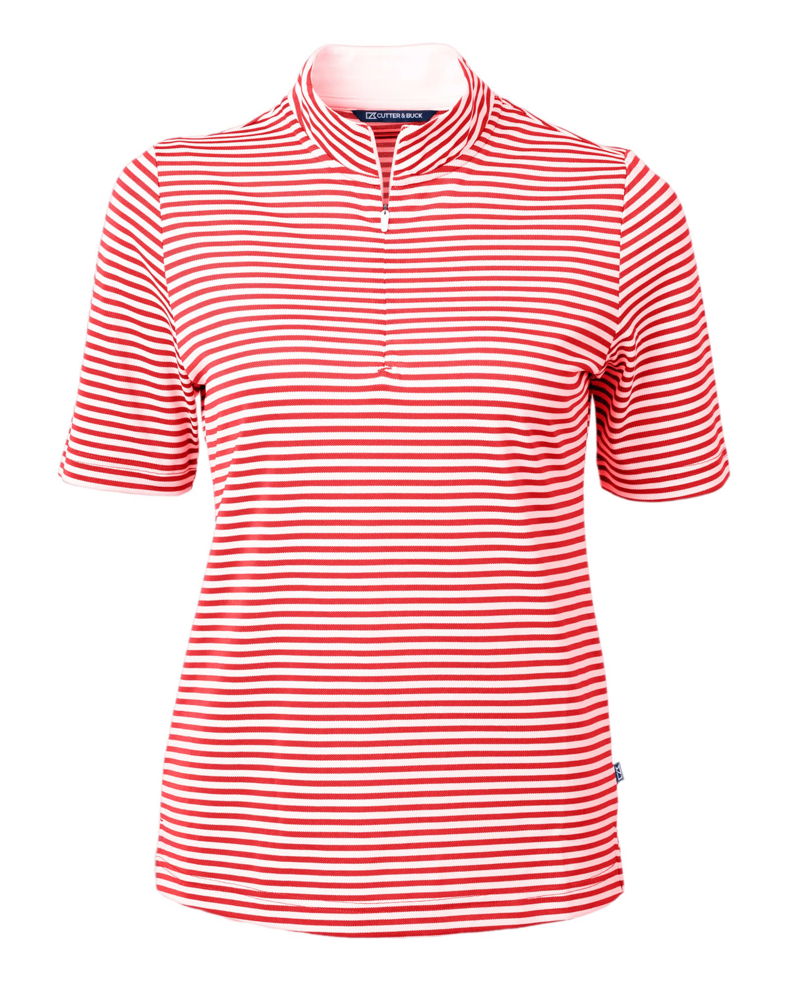 A red and white striped polo shirt with a half zip and short sleeves. It includes a logo on the collar.