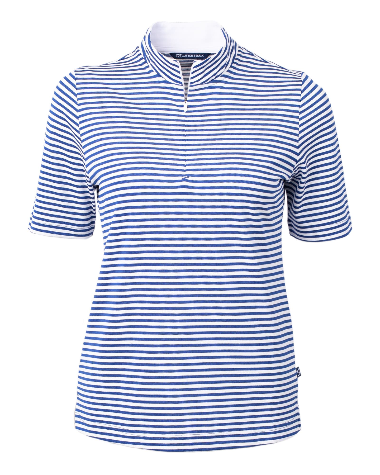 A blue and white striped polo shirt with a zip collar and short sleeves, featuring a logo.
