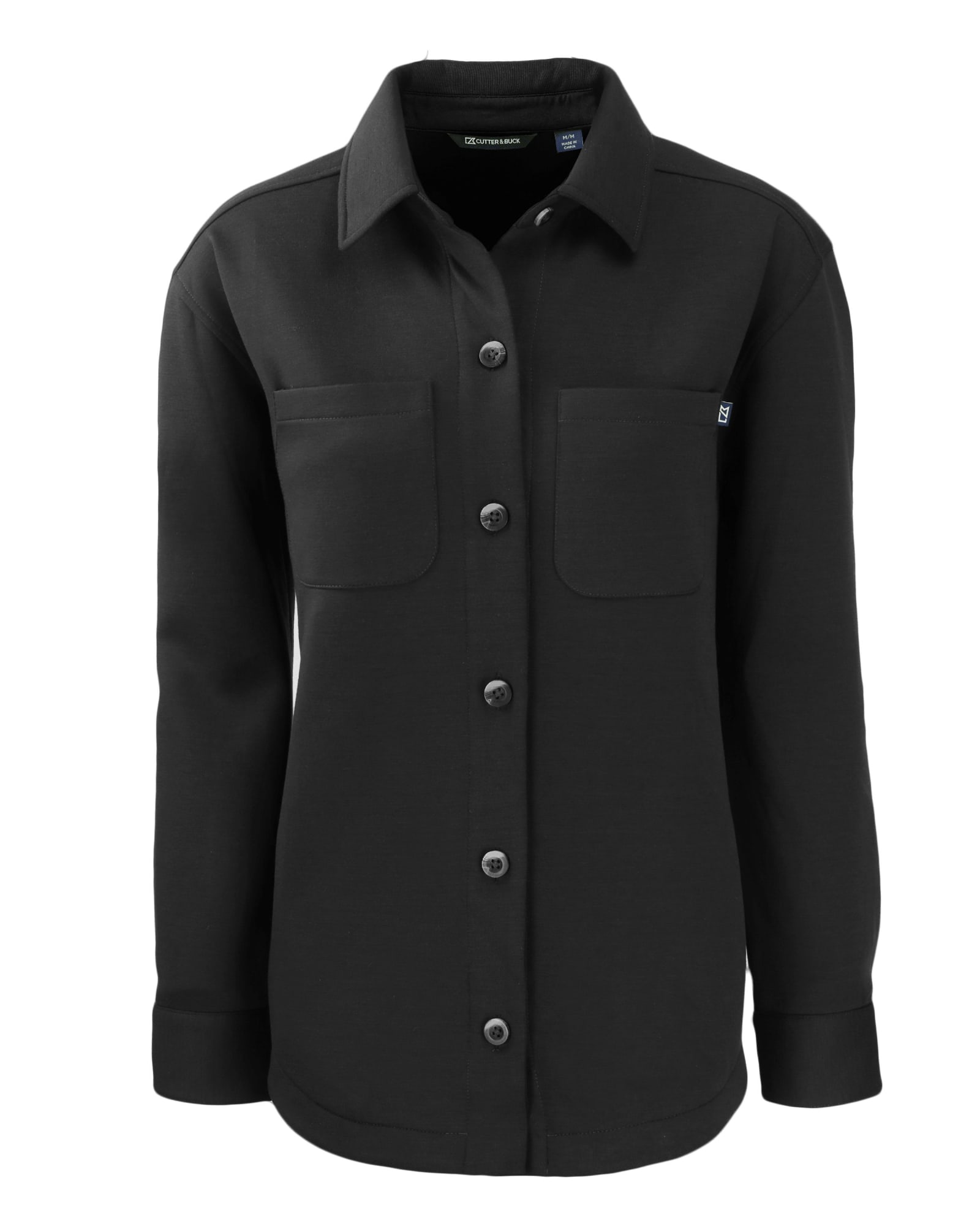 A black eco shirt jacket featuring two front pockets and a button-up design, with a logo on the upper fabric.