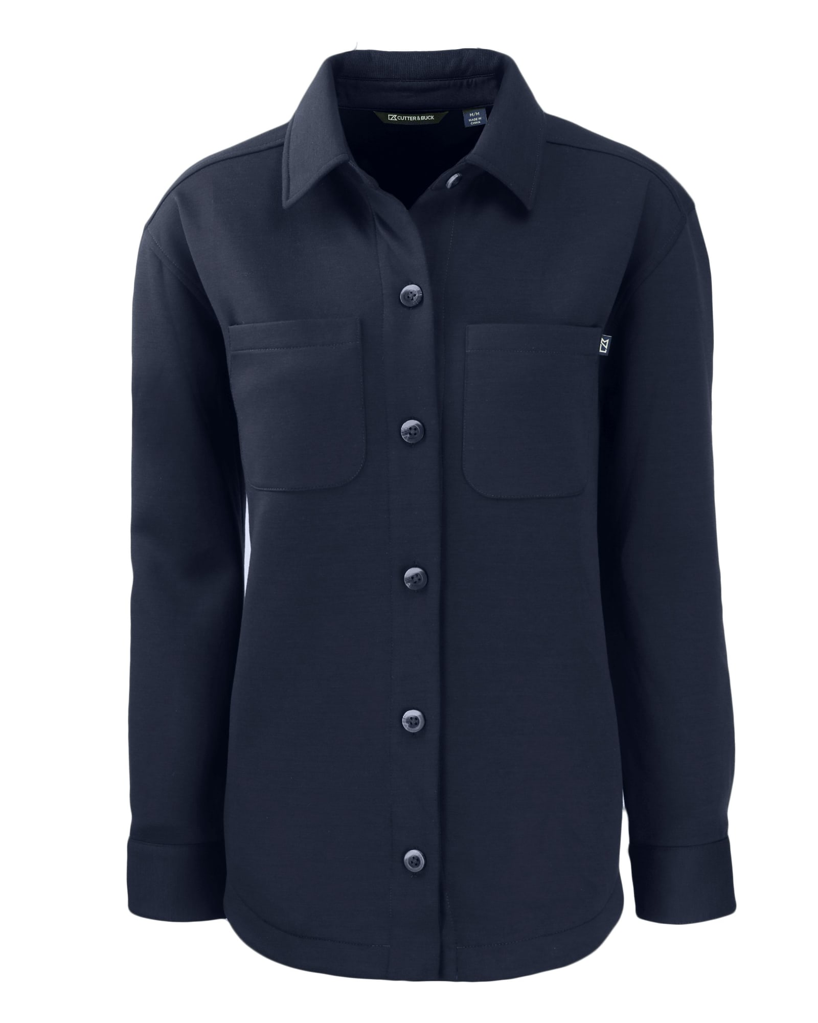 A navy eco shirt jacket with a button-up front and two chest pockets, featuring a logo.