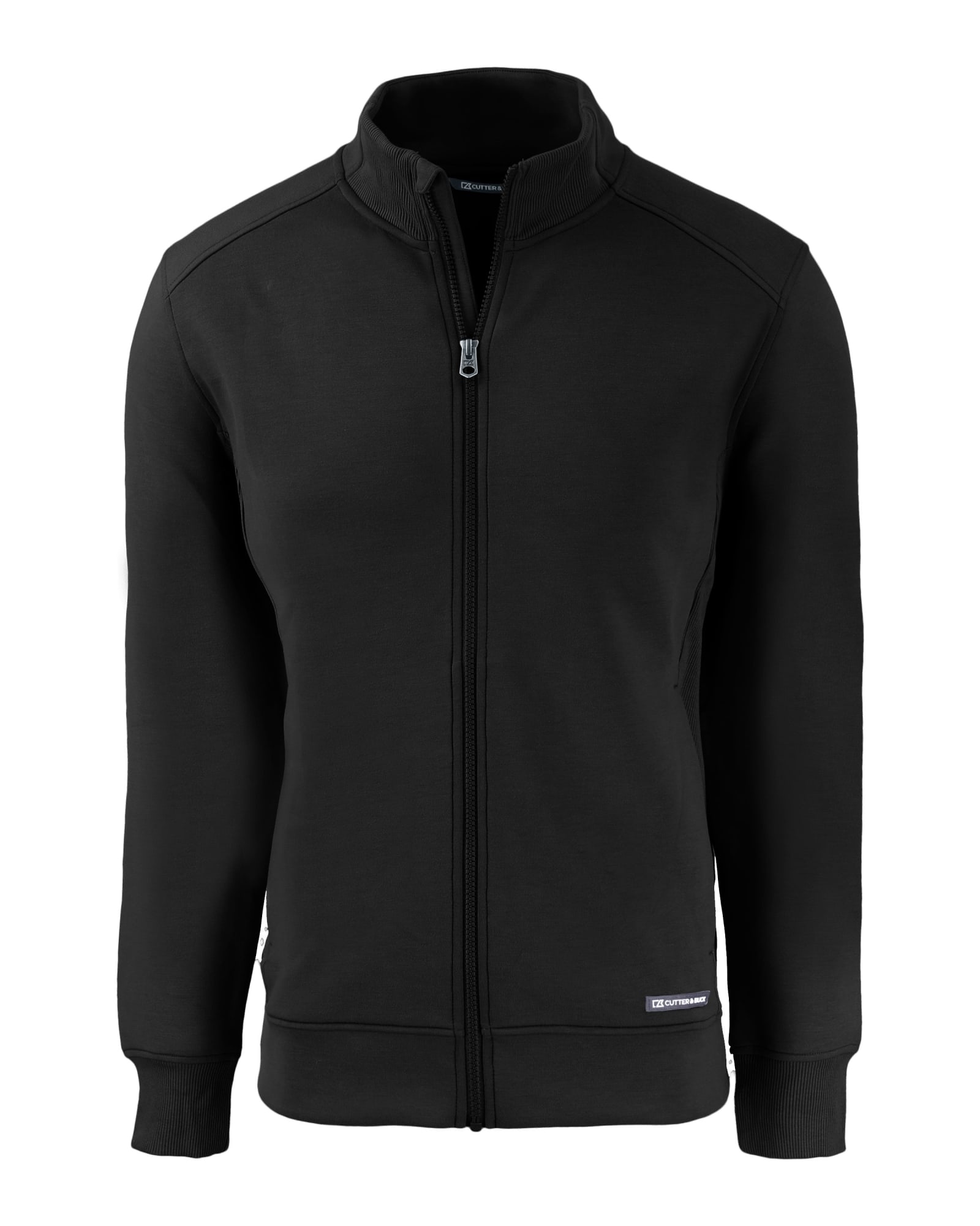A black full zip jacket with a high collar, featuring a logo on the side and a fitted design.