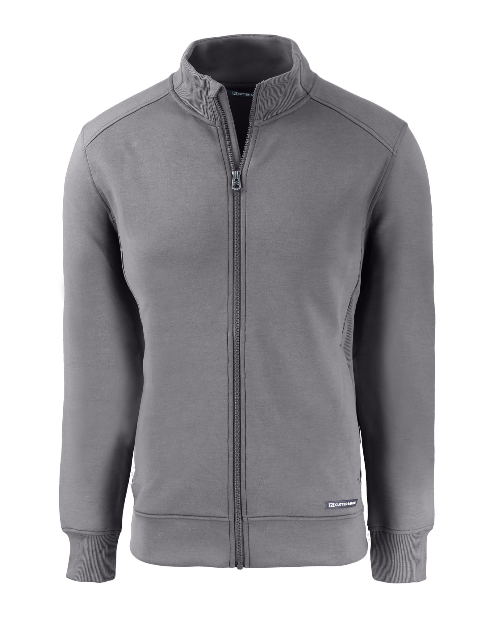 A grey eco-friendly full zip jacket with a high collar and a logo on the side.