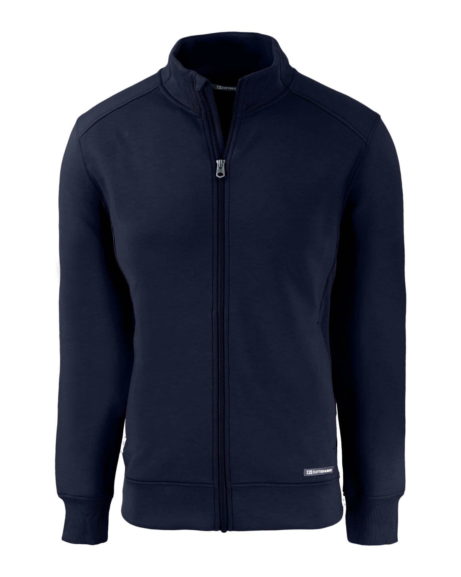 A navy full zip jacket featuring a stand-up collar and a logo on the side.