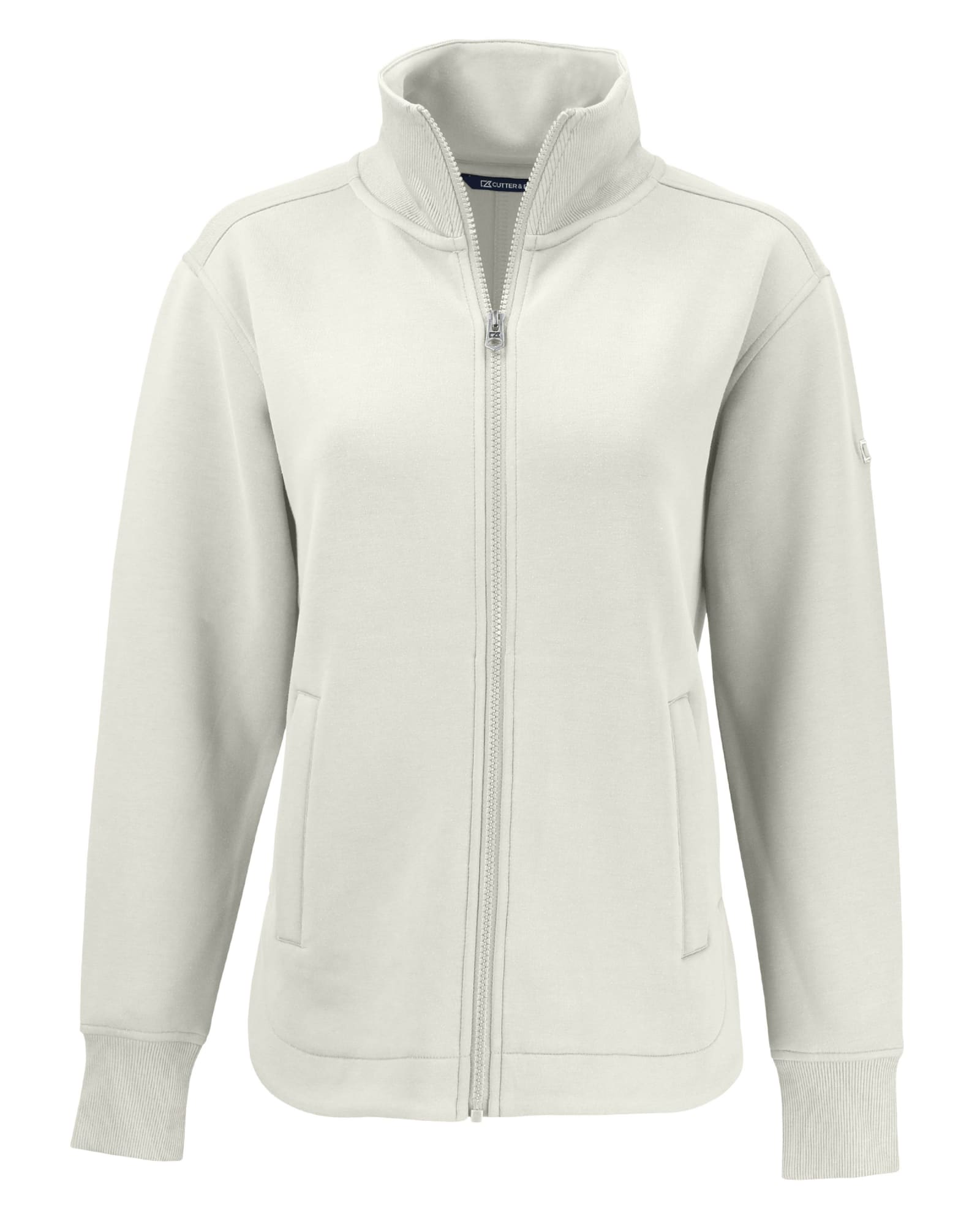 A light grey eco-friendly full zip jacket with a high collar and side pockets, featuring a logo on the sleeve.