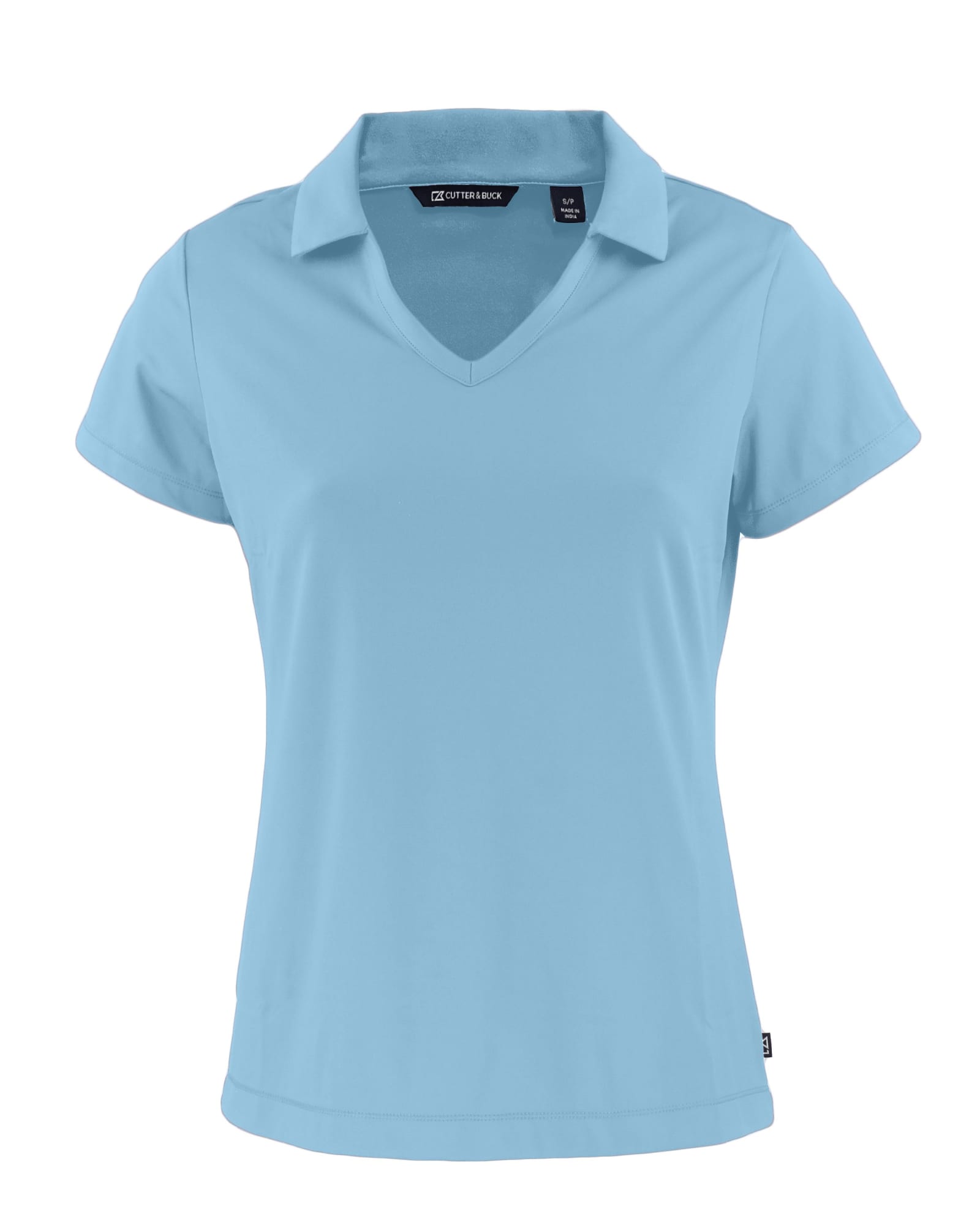 A light blue Ladies Daybreak Polo shirt with a V-neck and short sleeves, featuring a logo.