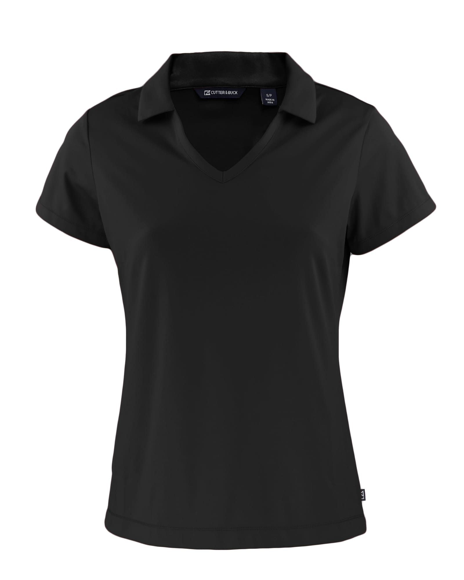 A black polo shirt with a v-neck and short sleeves, featuring a logo on the label.