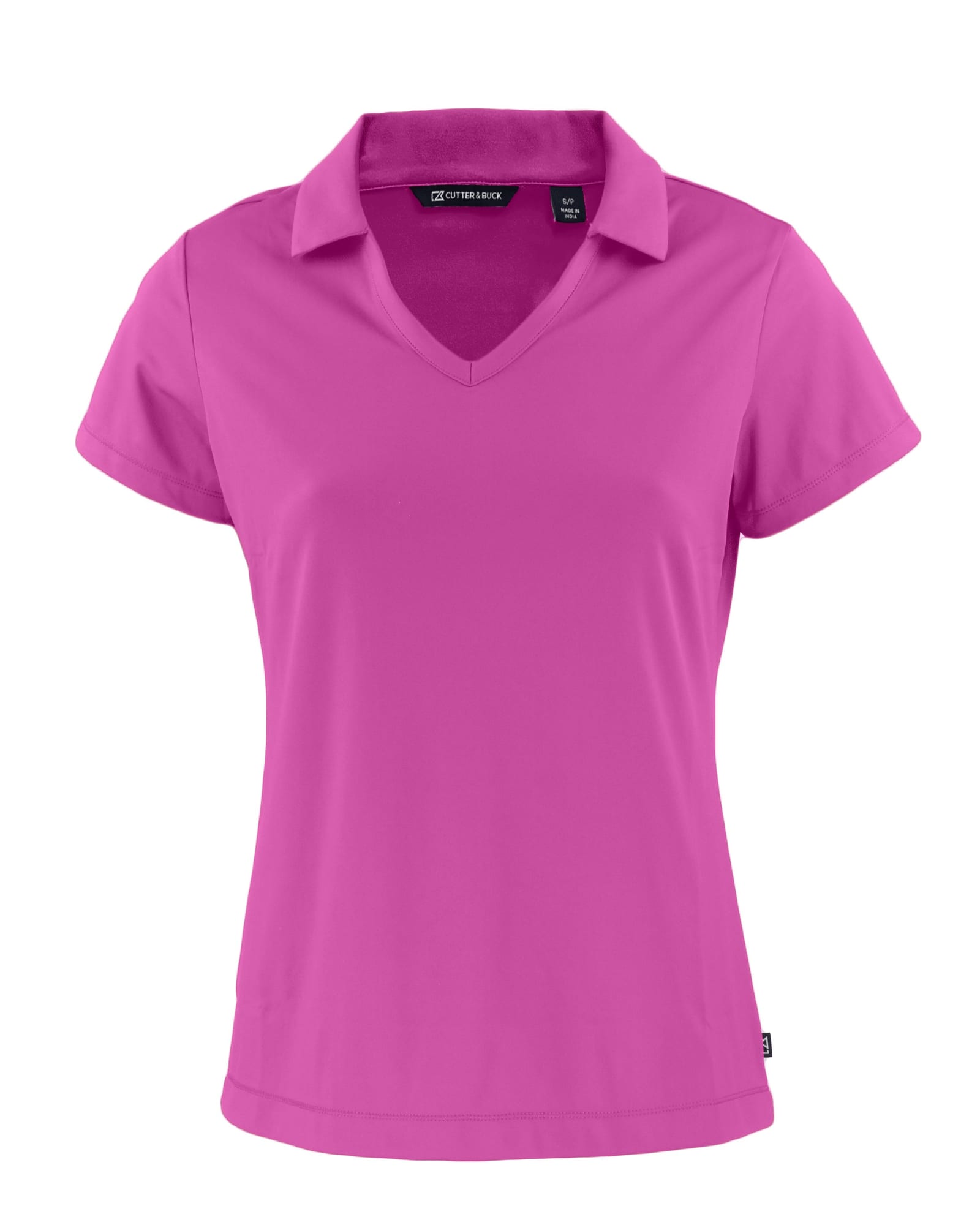 A pink ladies polo shirt with a V-neck and a collar, featuring a logo on the label.