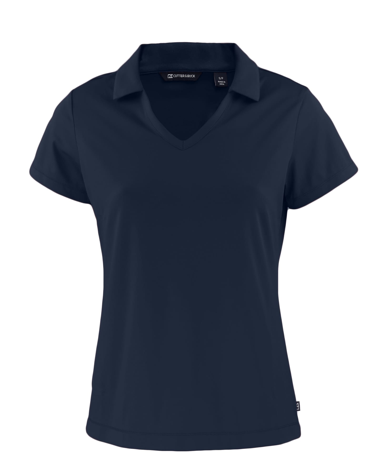 A navy blue polo shirt with a V-neck and short sleeves, featuring a logo on the side.