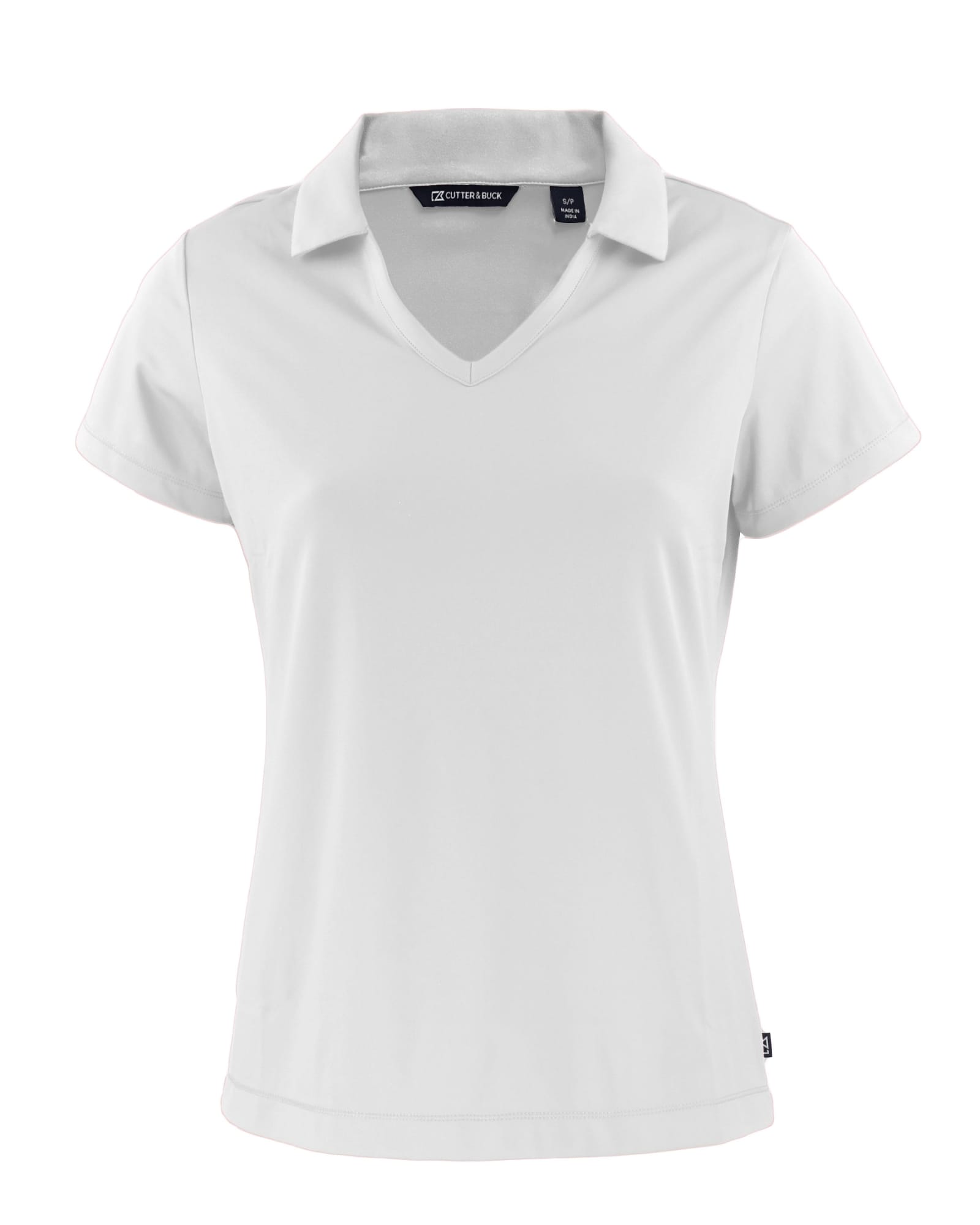 A white polo shirt with a V-neck and short sleeves, featuring a logo on the chest.
