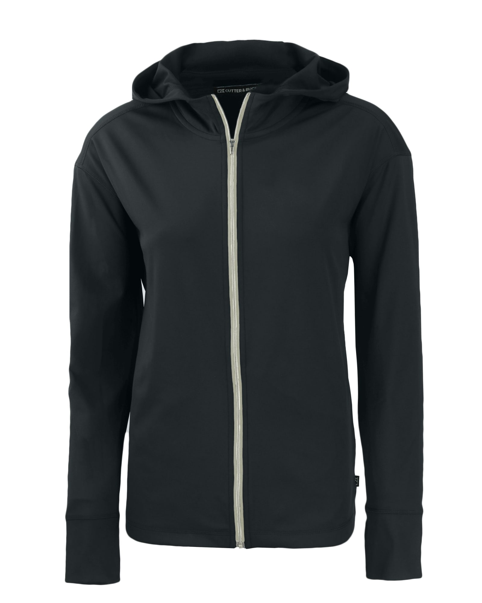 A black full zip hoodie with a hood, featuring a logo on one side.