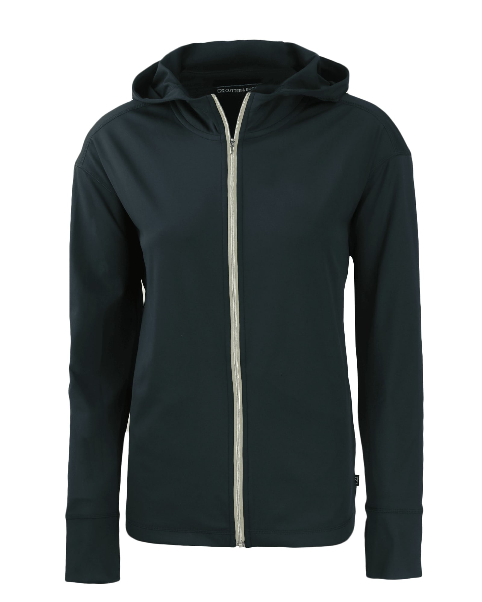 A black full zip hoodie featuring a hood and long sleeves, with a subtle logo on the front.