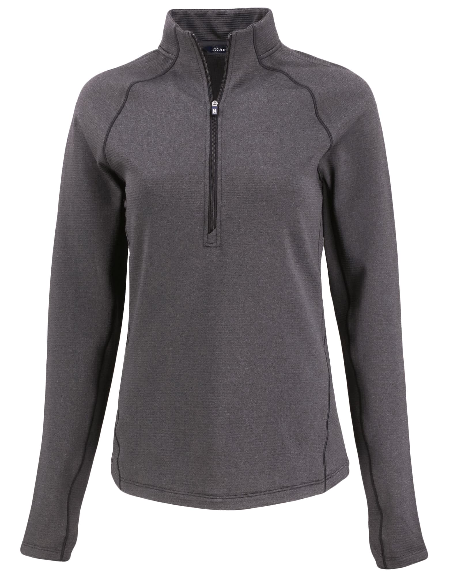 A grey half-zip jumper with long sleeves, featuring a zip at the neck and a logo on the chest.