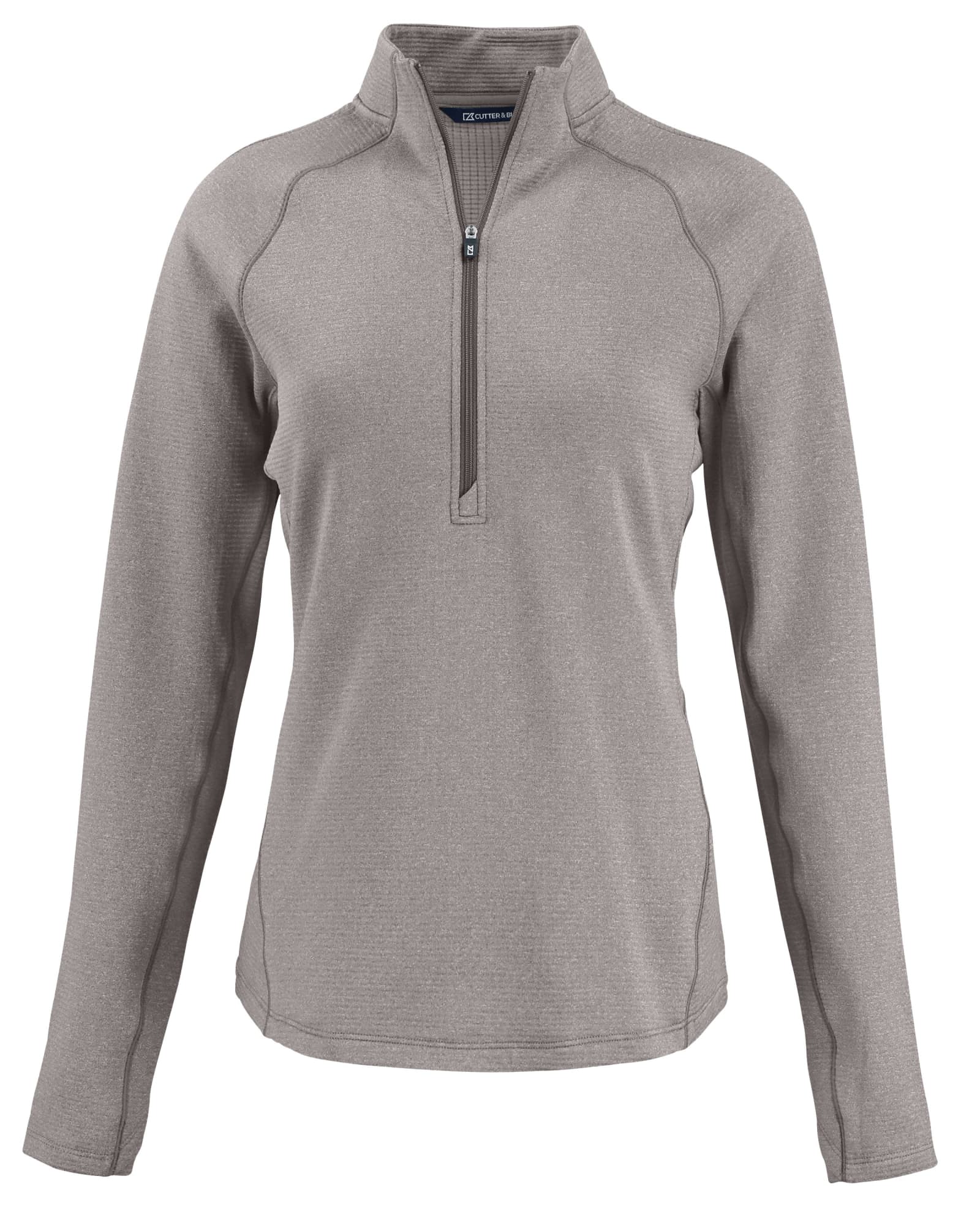 A grey half-zip jumper with long sleeves, featuring a quarter-length zipper and a logo on the chest.