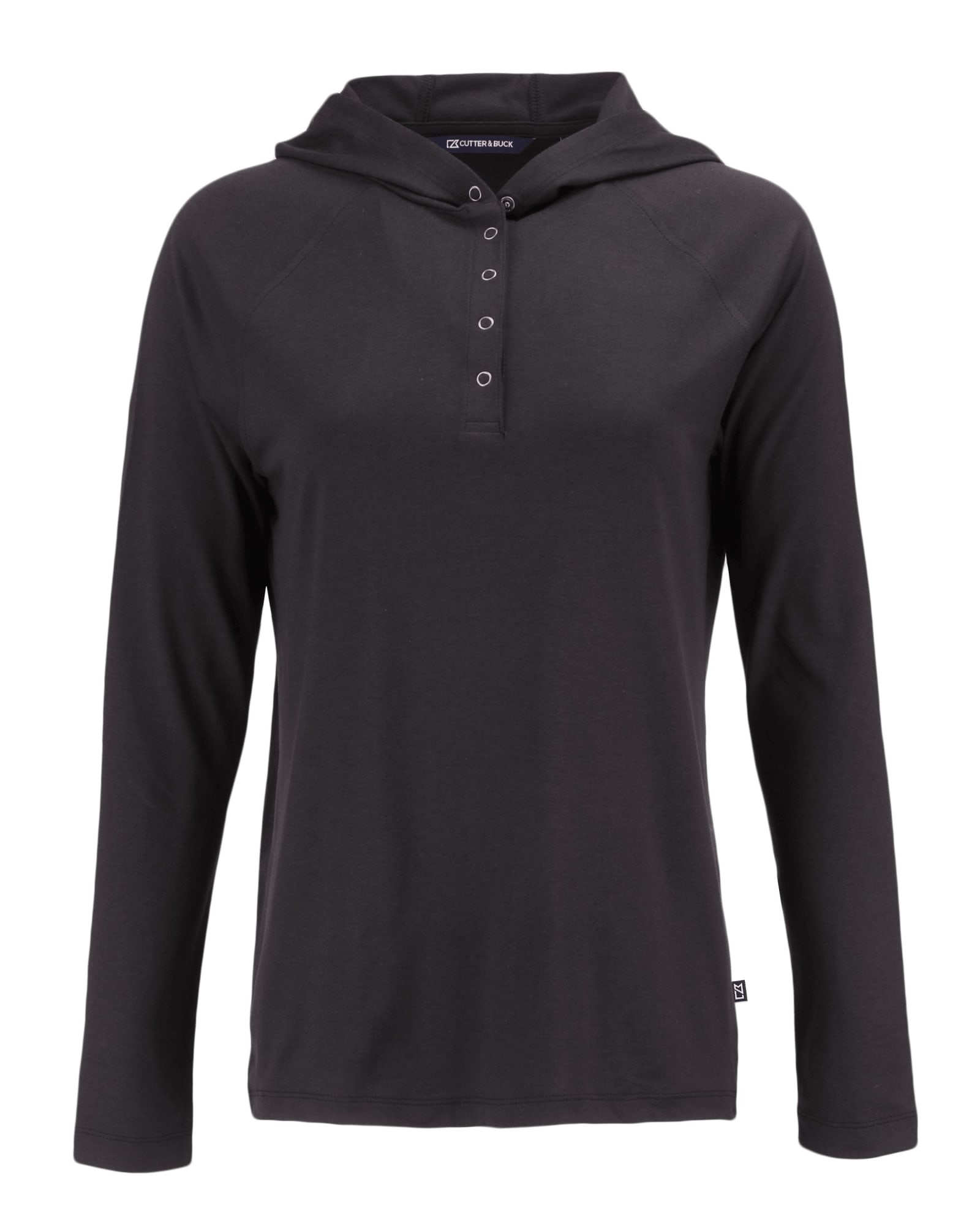 A black hooded shirt with a button-up neckline and long sleeves, featuring a logo on the hem.