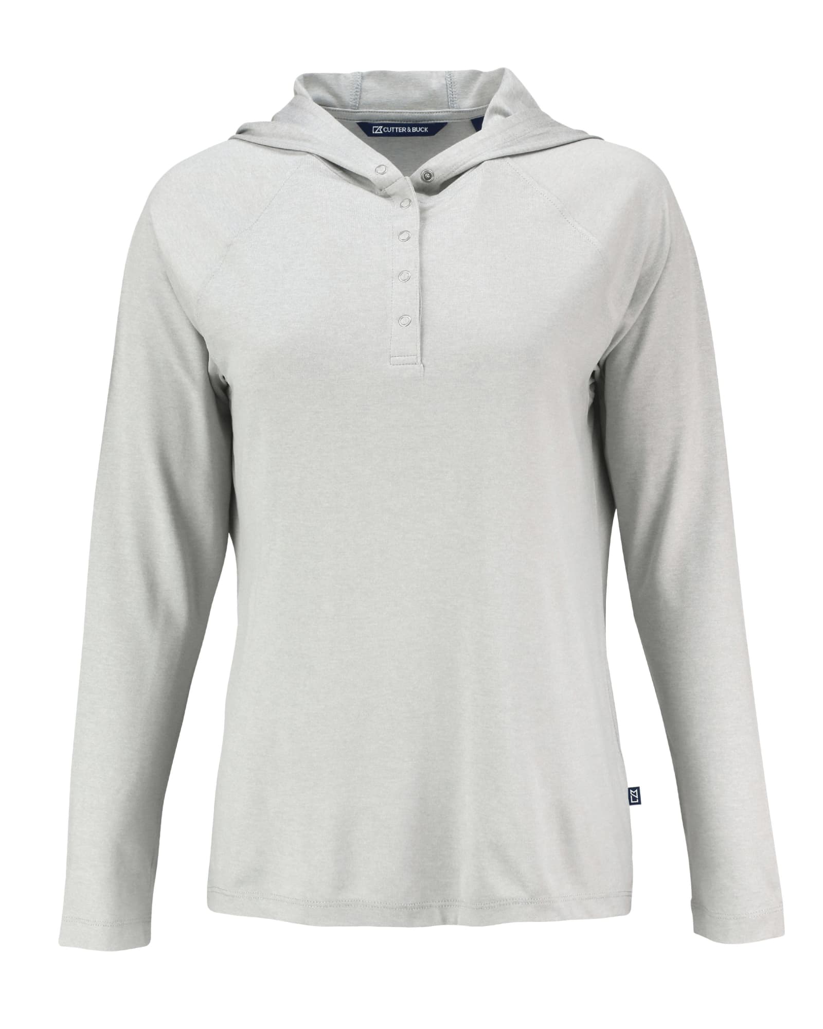 A light grey hooded shirt featuring a buttoned placket and long sleeves, with a logo on the label.