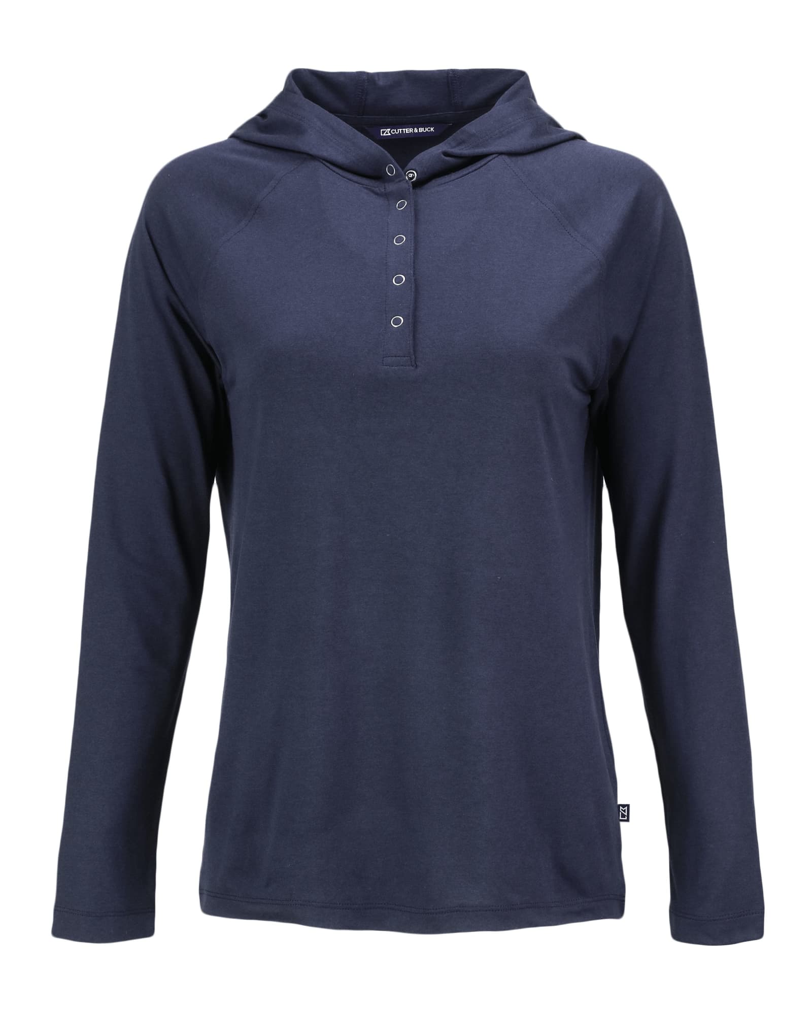 A navy blue hooded shirt for ladies with long sleeves and a button-up neckline. Includes a logo.