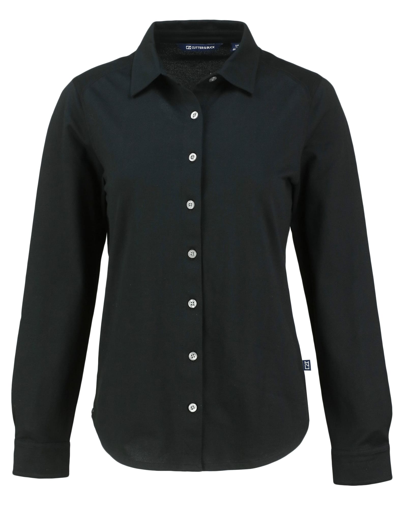 A black button-up long-sleeve woven shirt featuring a collar and buttons down the front, with a logo on the side.