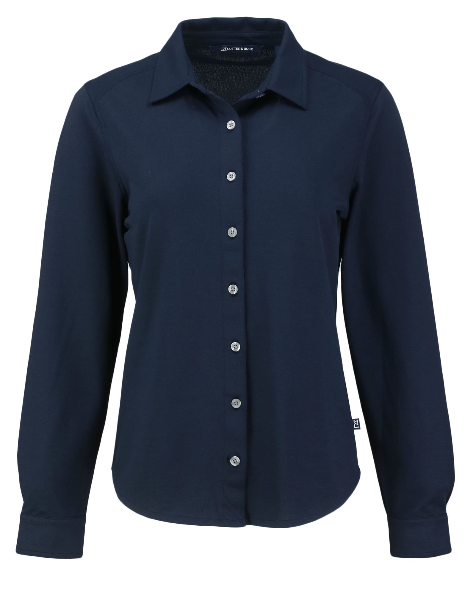A navy button-up shirt for women with a collar and long sleeves, featuring a logo on the side.
