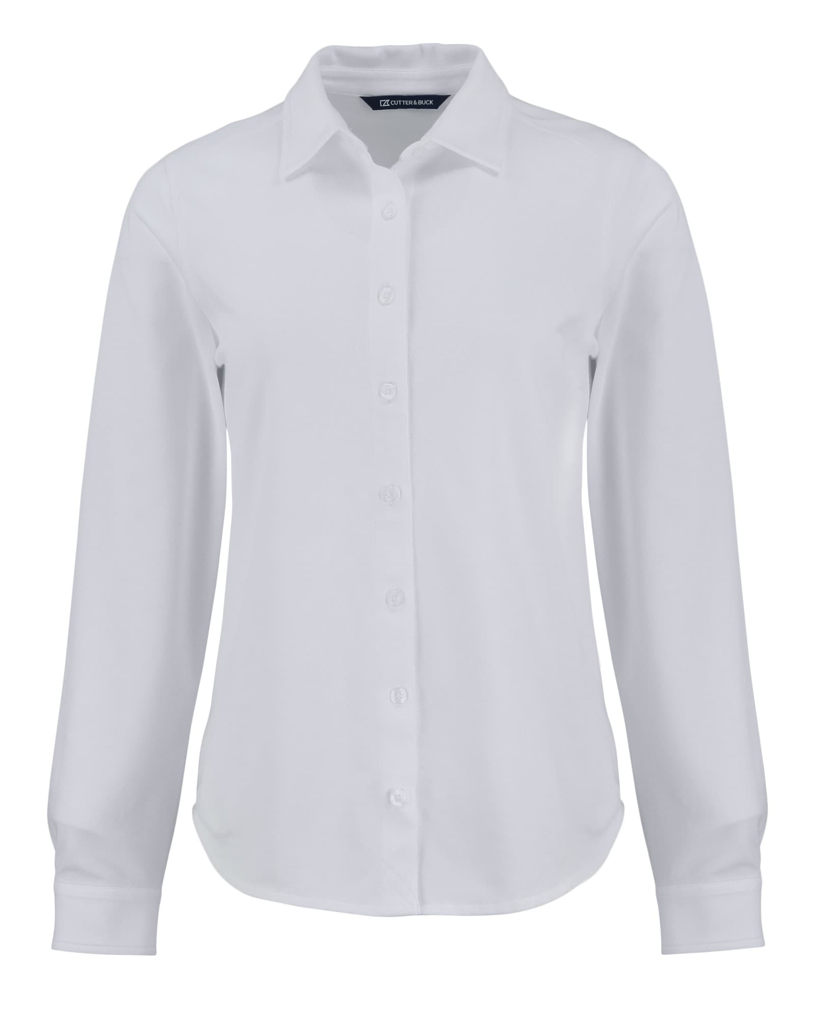 A white long-sleeve button-up shirt with a collar and a logo.