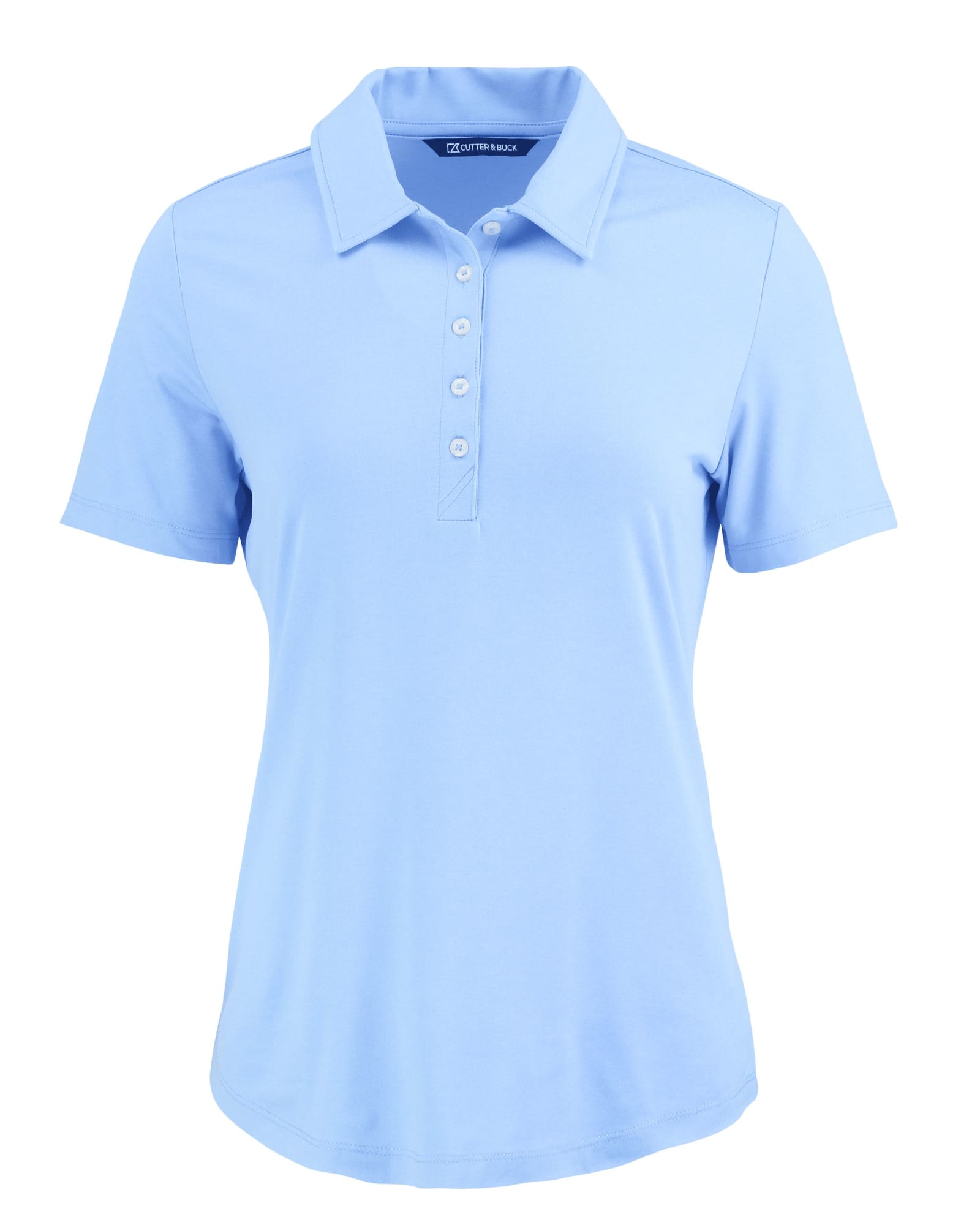 A light blue ladies polo shirt with a collar, five buttons, and a logo. Perfect for casual or active wear.