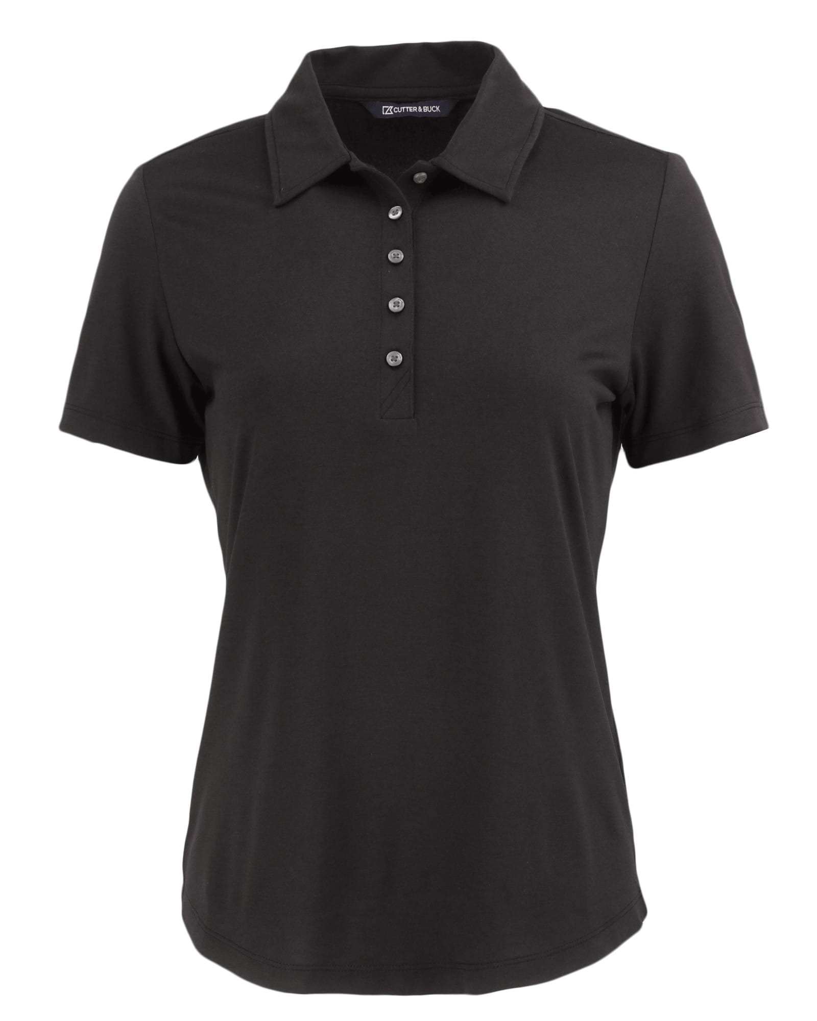 A black ladies' polo shirt with a collared neckline and button placket, featuring a logo on the chest.
