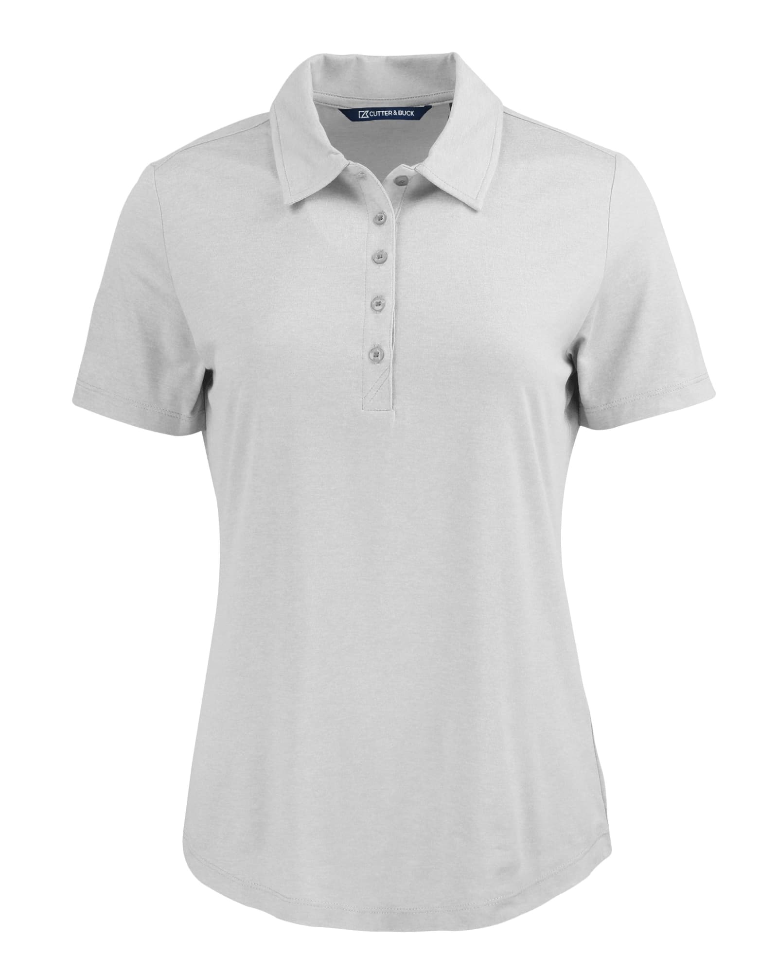 A light grey polo shirt for ladies featuring a collar, short sleeves, and a button placket. Includes a logo.