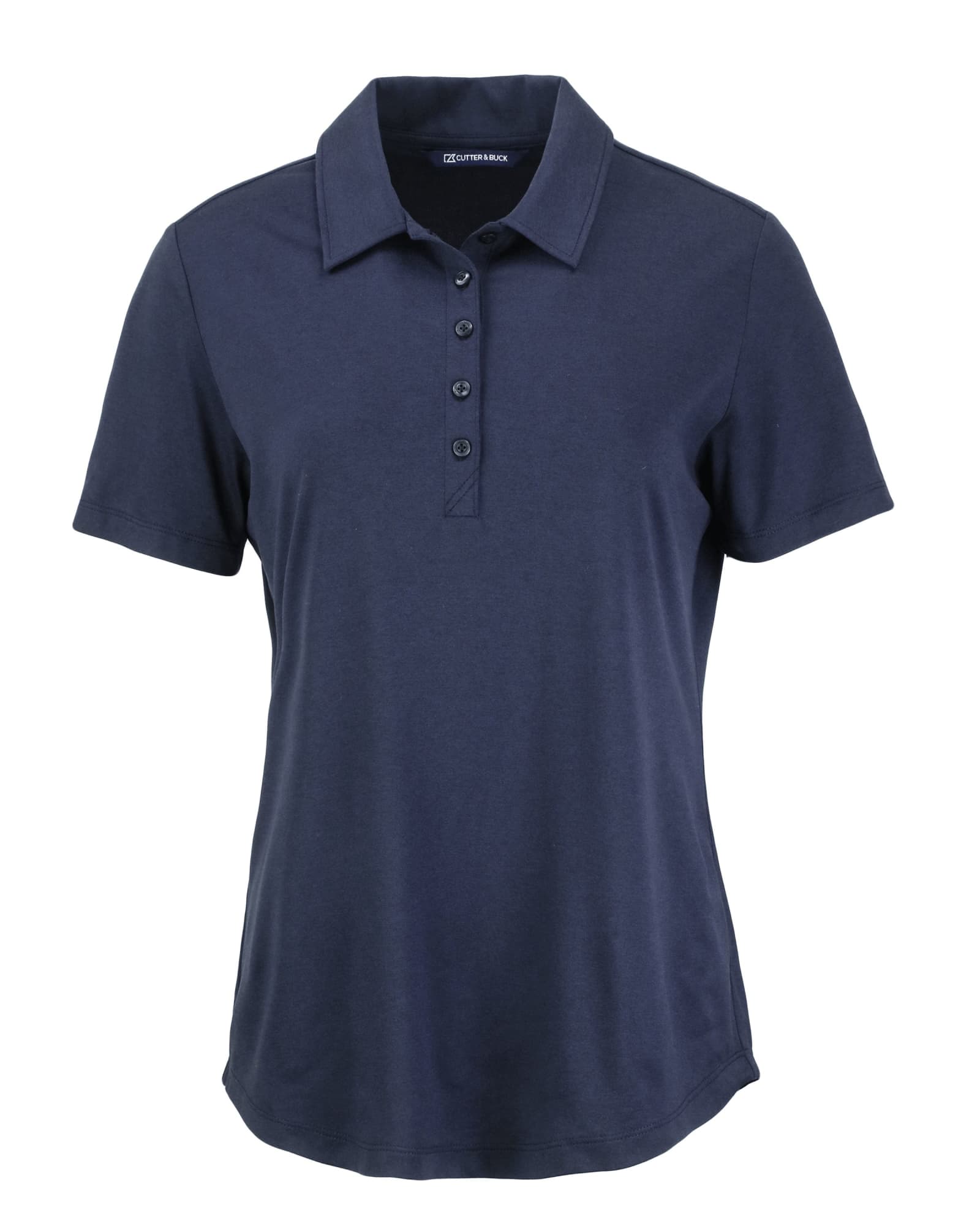 A navy blue ladies polo shirt with a collar, short sleeves, and a button-up front. It features a logo on it.