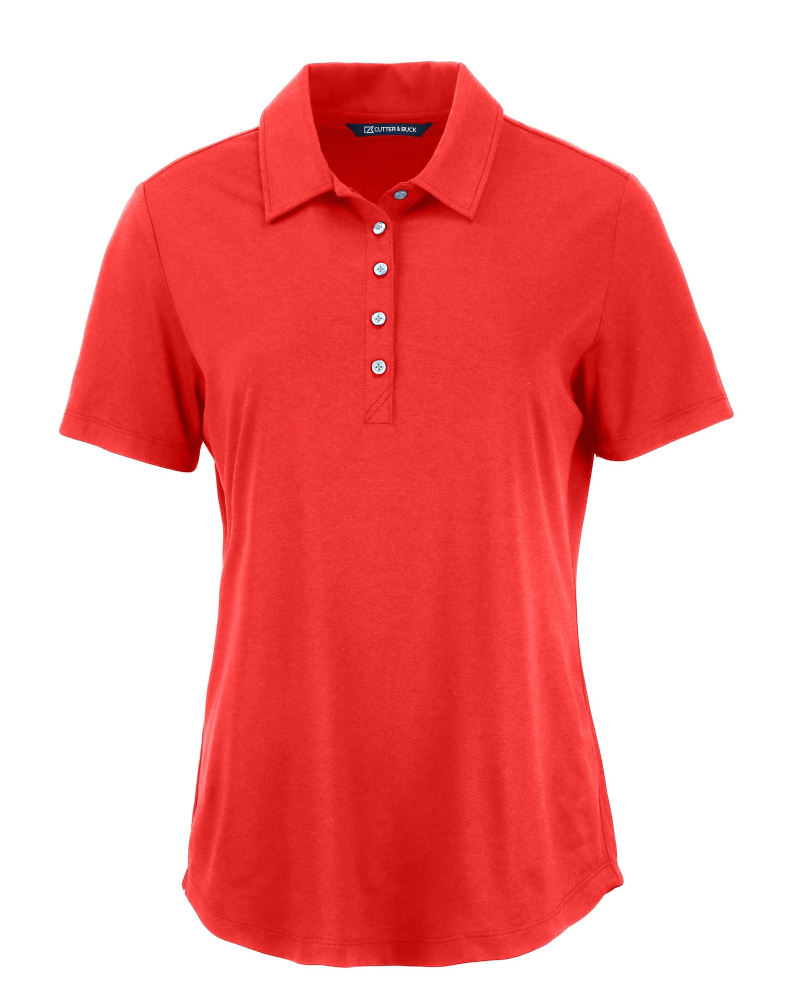 A red polo shirt with a buttoned placket and short sleeves, featuring a collar and a logo.